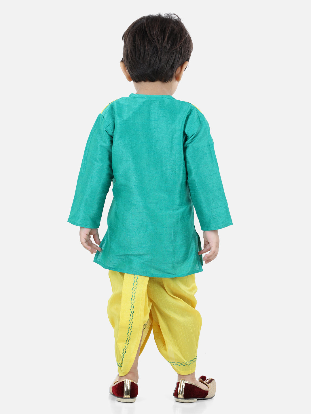 BownBee Full Sleeves Embroidered Jacket Attached Kurta With Dhoti - Green Yellow