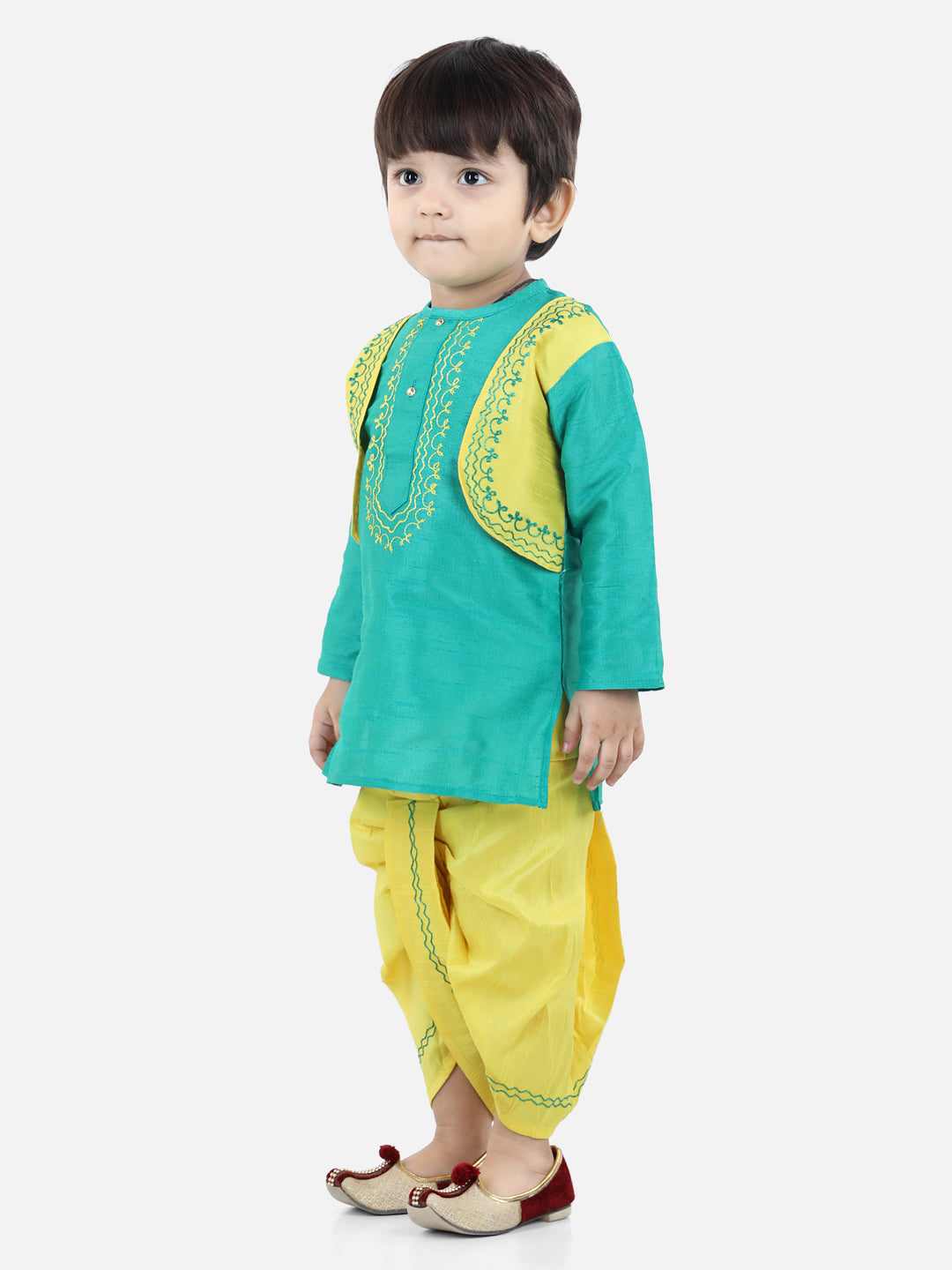 BownBee Full Sleeves Embroidered Jacket Attached Kurta With Dhoti - Green Yellow