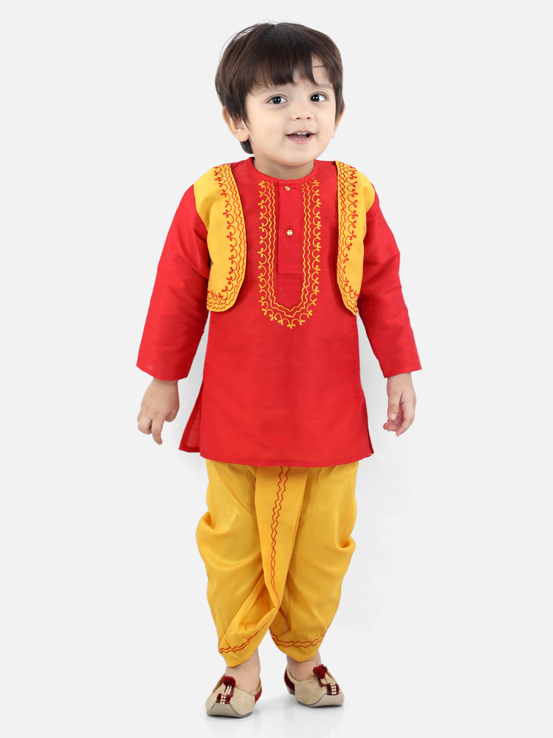 BownBee Boys Attached Jacket Dhoti Kurta- Red