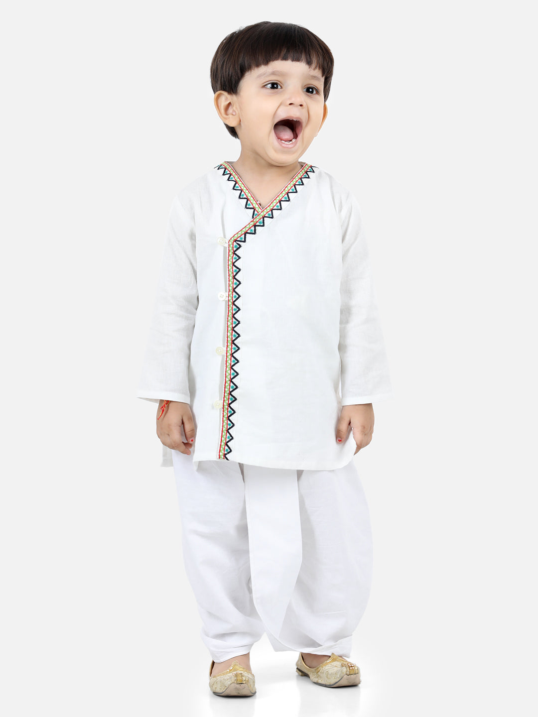 BownBee Boys Front Open Embroidered Kurta Dhoti- White