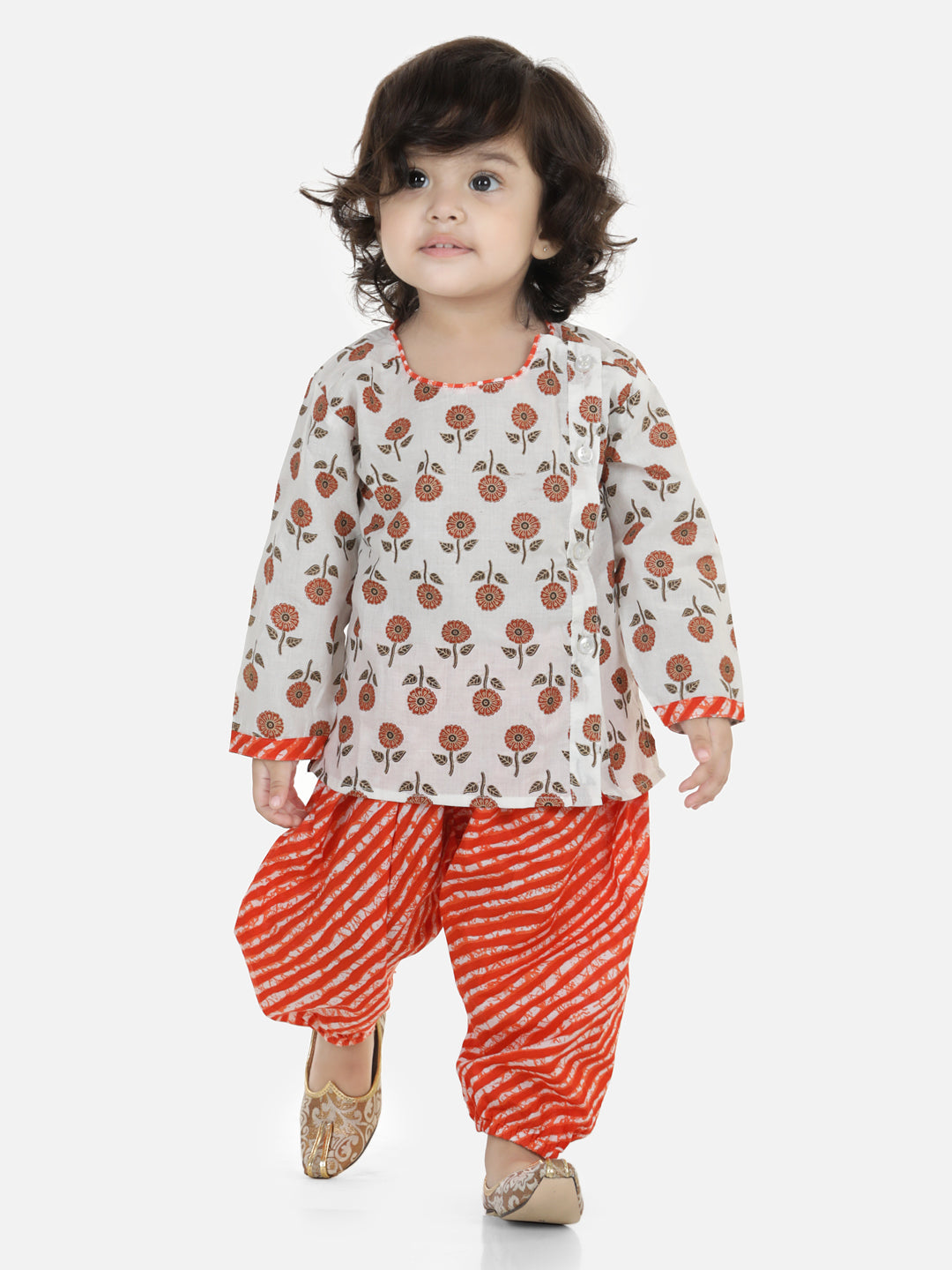 BownBee Full Sleeves Floral Block Print Kurta With Harem Pants - Orange