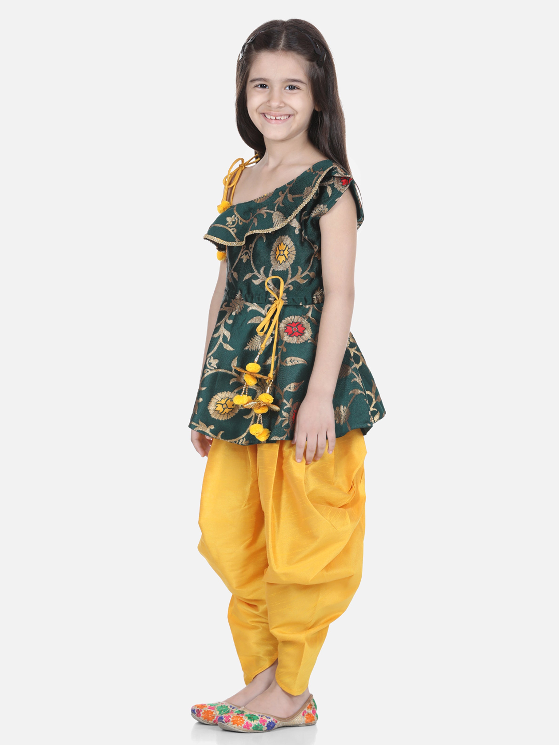 BownBee Sibling Sets Attached Dhoti Kurta and One Shoulder Ruffle Peplum Dhoti Set- Green