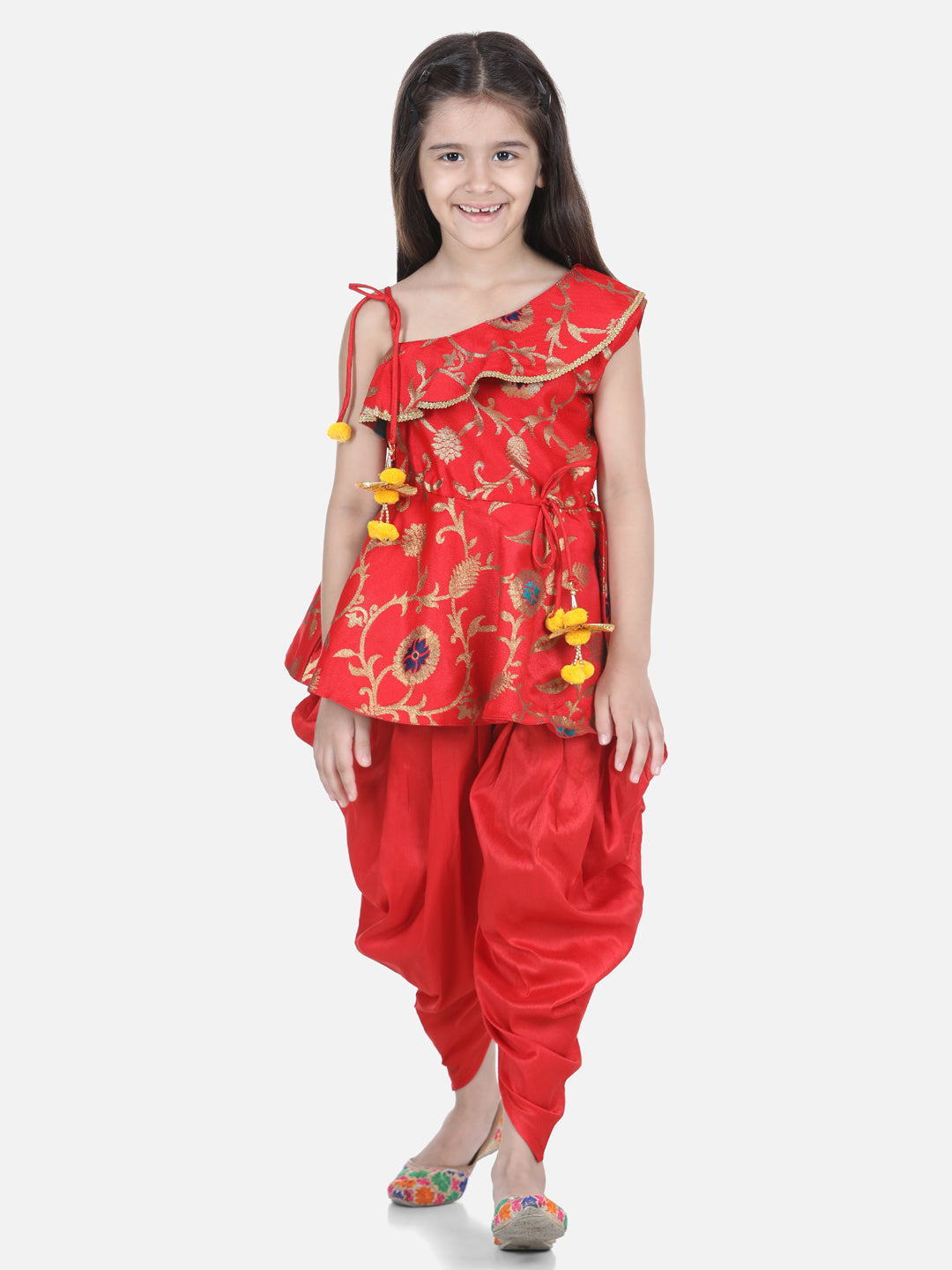 BownBee Sibling Sets Attached Dhoti Kurta and One Shoulder Ruffle Peplum Dhoti Set-Red