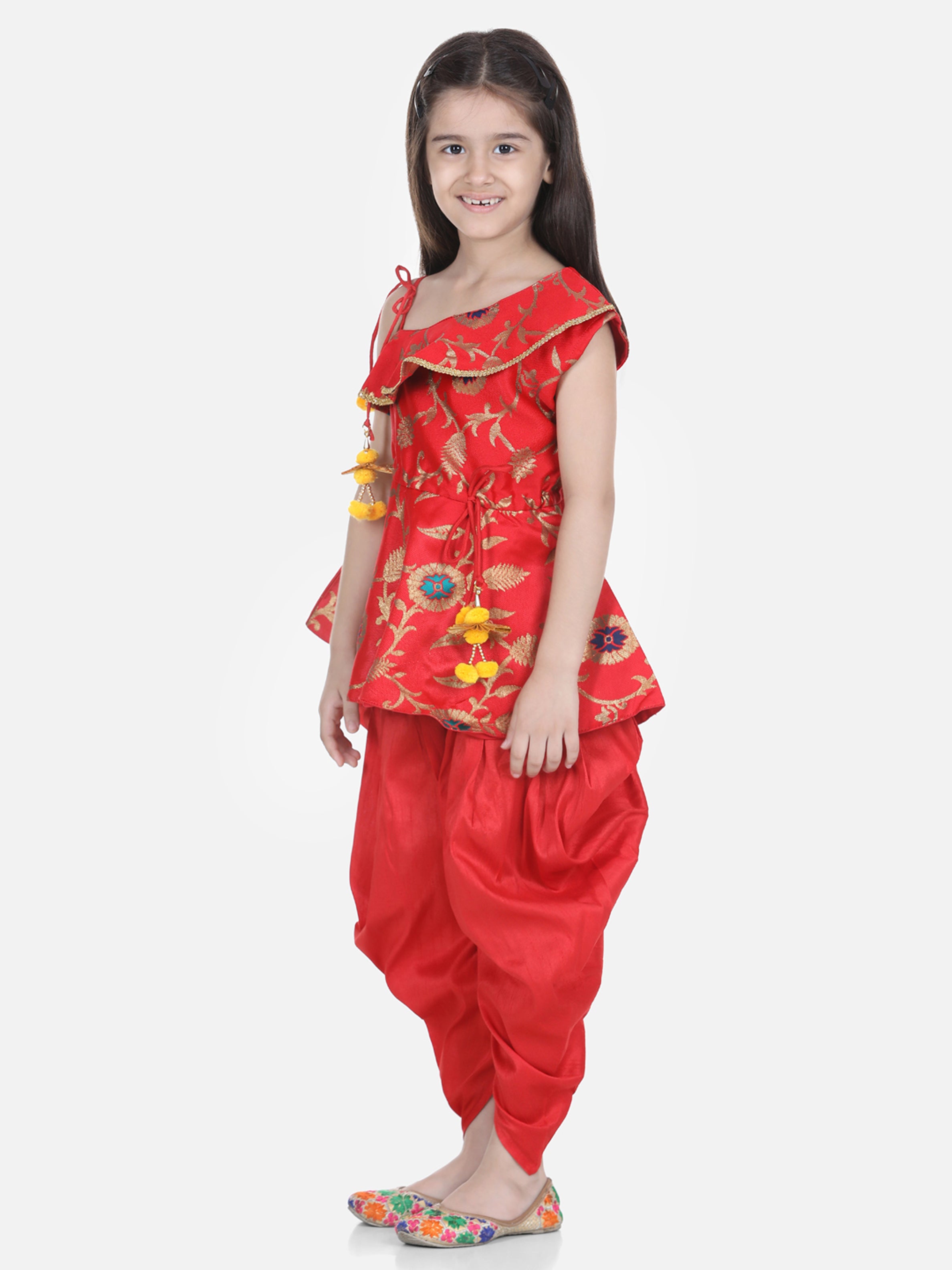 BownBee Sibling Sets Attached Dhoti Kurta and One Shoulder Ruffle Peplum Dhoti Set-Red