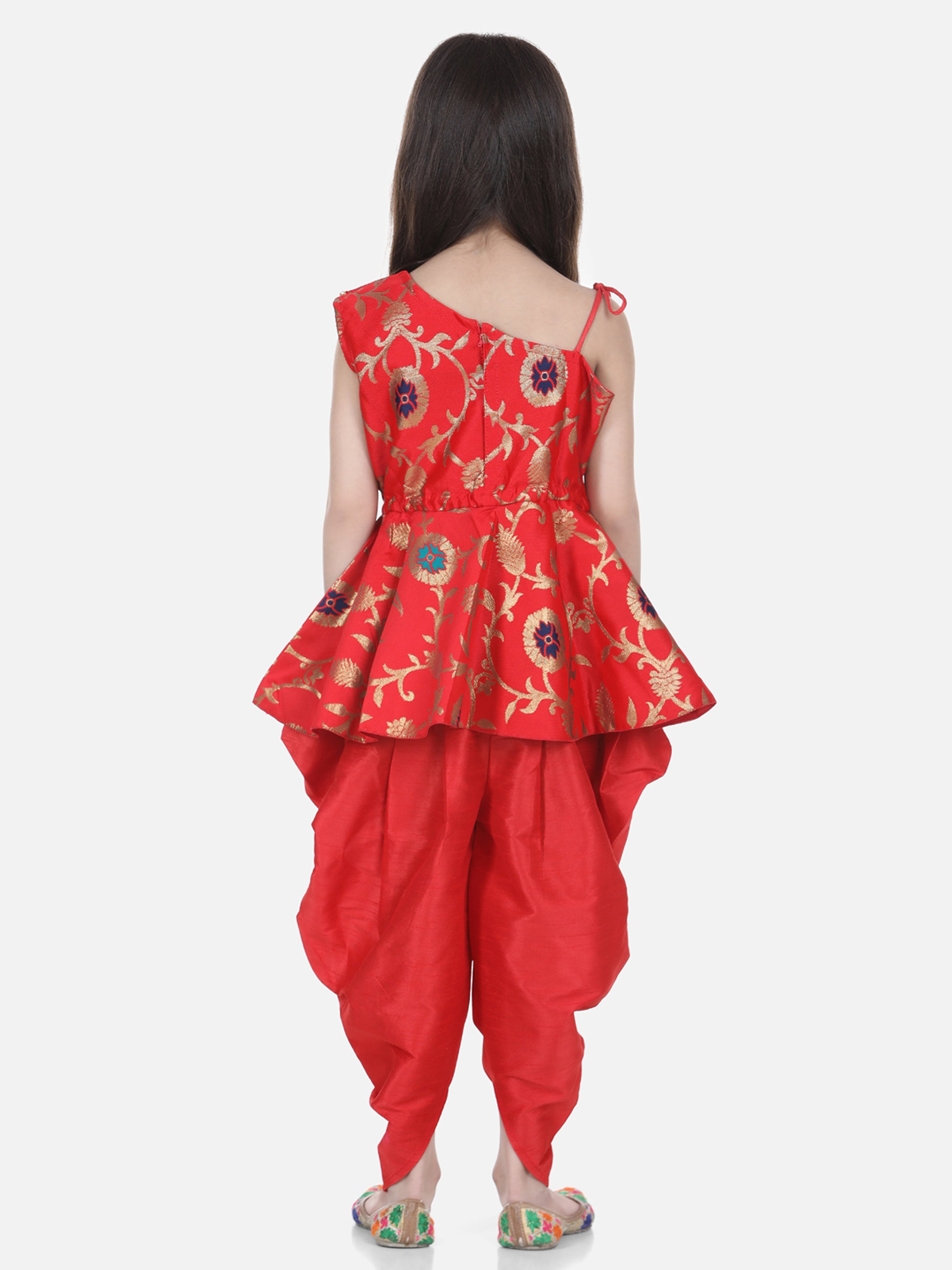 BownBee Sibling Sets Attached Dhoti Kurta and One Shoulder Ruffle Peplum Dhoti Set-Red