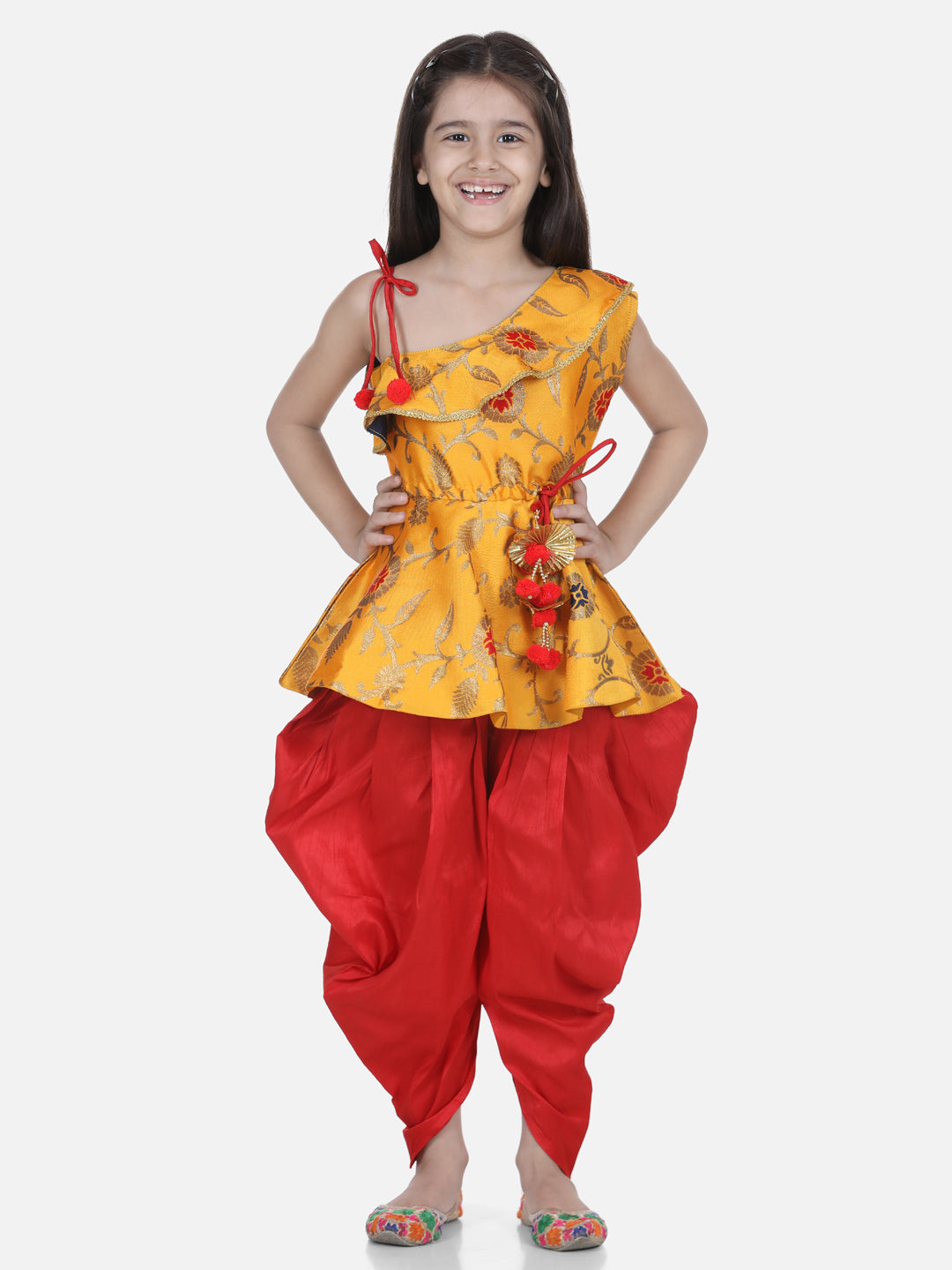 BownBee Sibling Sets Attached Dhoti Kurta and One Shoulder Ruffle Peplum Dhoti Set- Yellow