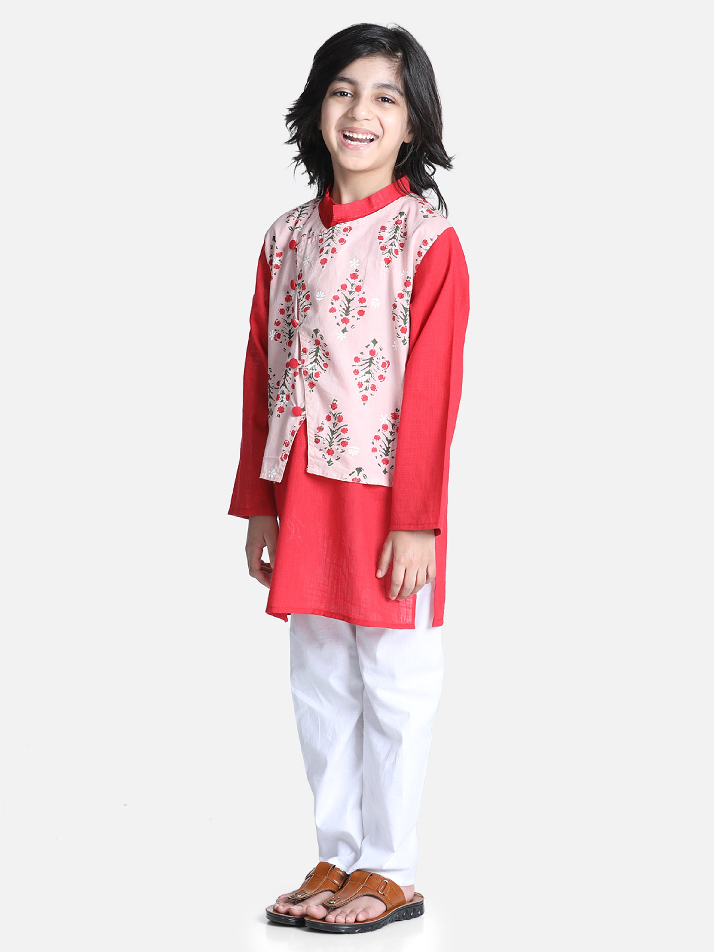 BownBee Attached Jacket Kurta Pyjama for Boys- Peach