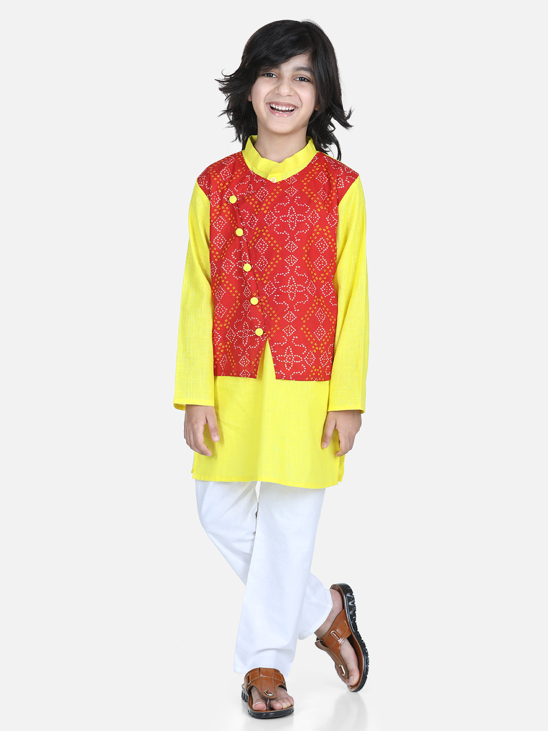 BownBee Attached Jacket Kurta Pyjama for Boys- Red