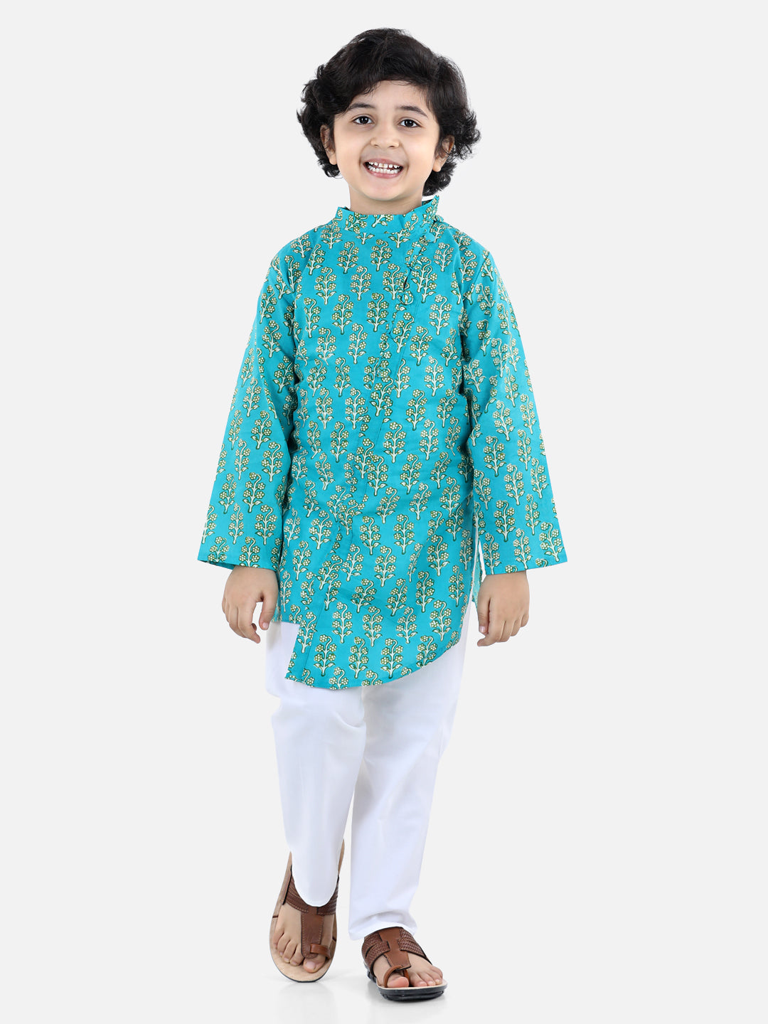 BownBee Asymmetric Front Open Kurta Pyjama- Green