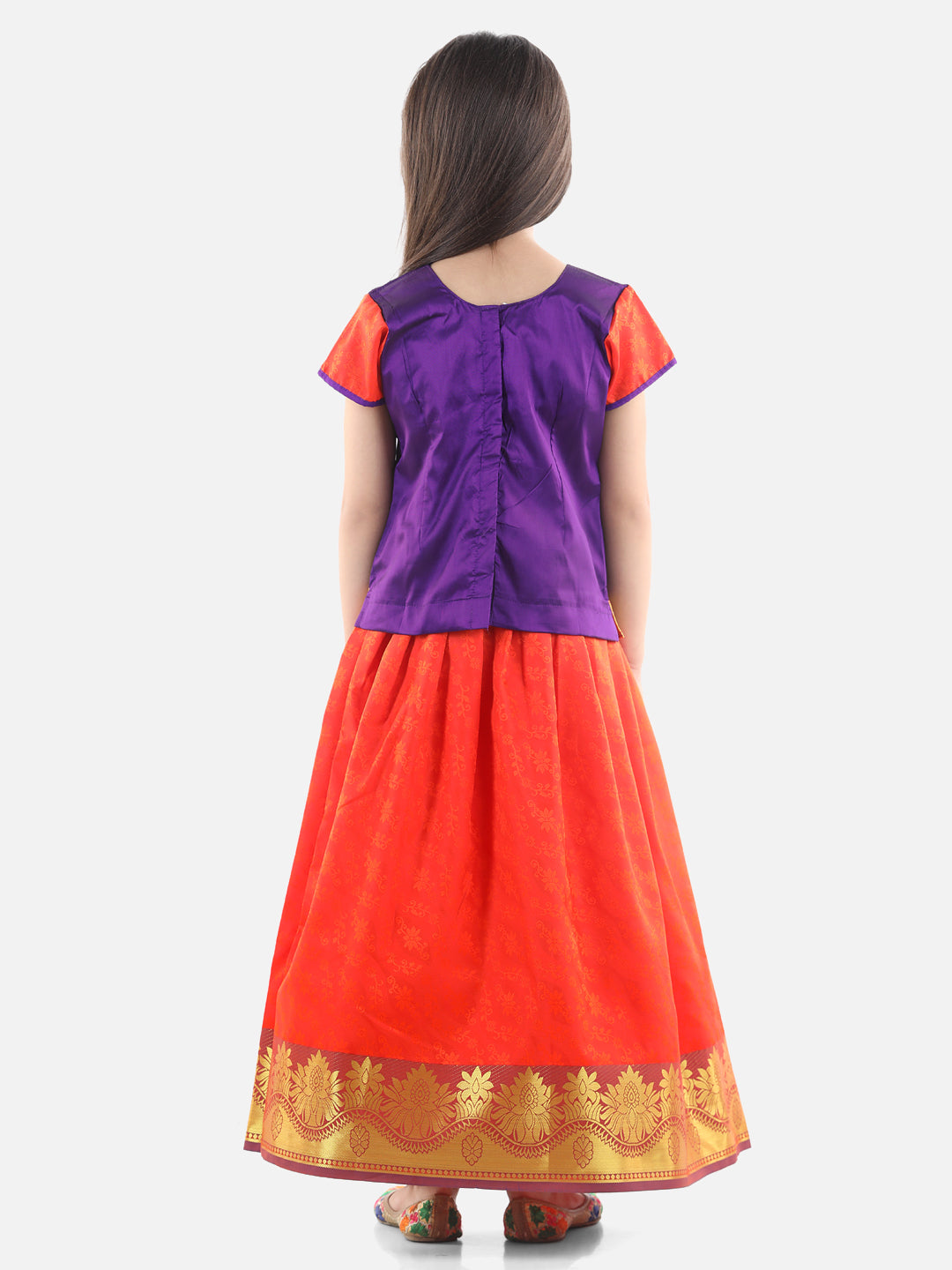 BownBee Half Sleeves South Indian Pavda Bordered Pattu Lehenga - Purple