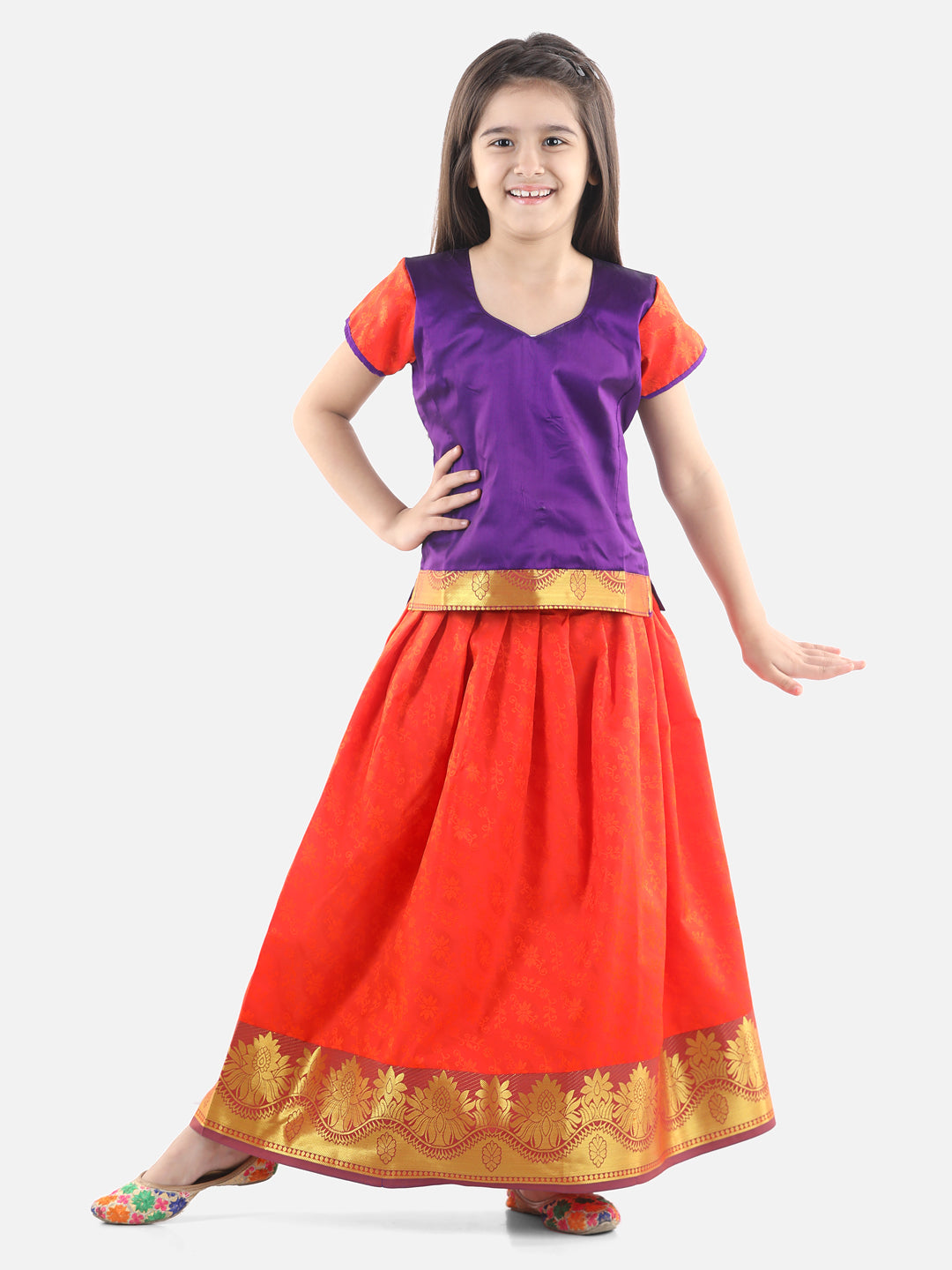 BownBee Half Sleeves South Indian Pavda Bordered Pattu Lehenga - Purple