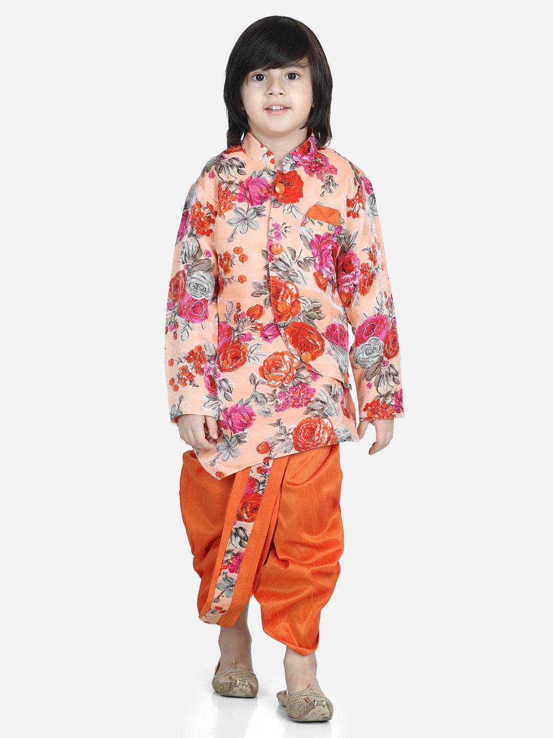 BownBee Boys Printed Sherwani Dhoti Set for Boys - Orange