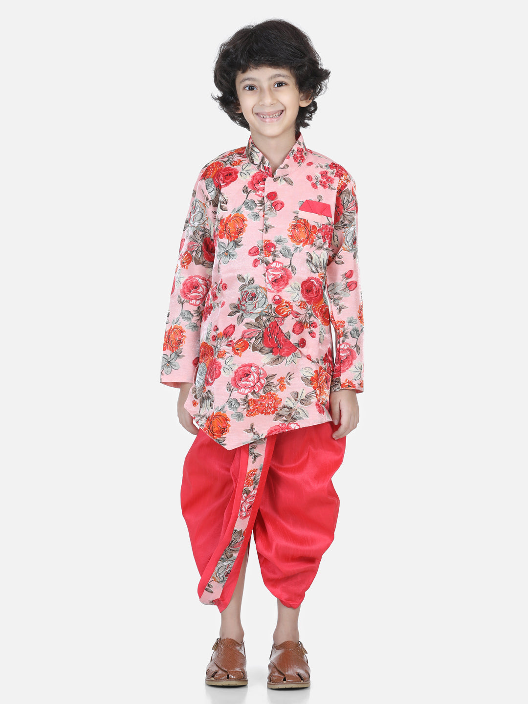 BownBee Boys Printed Sherwani Dhoti Set for Boys - Pink