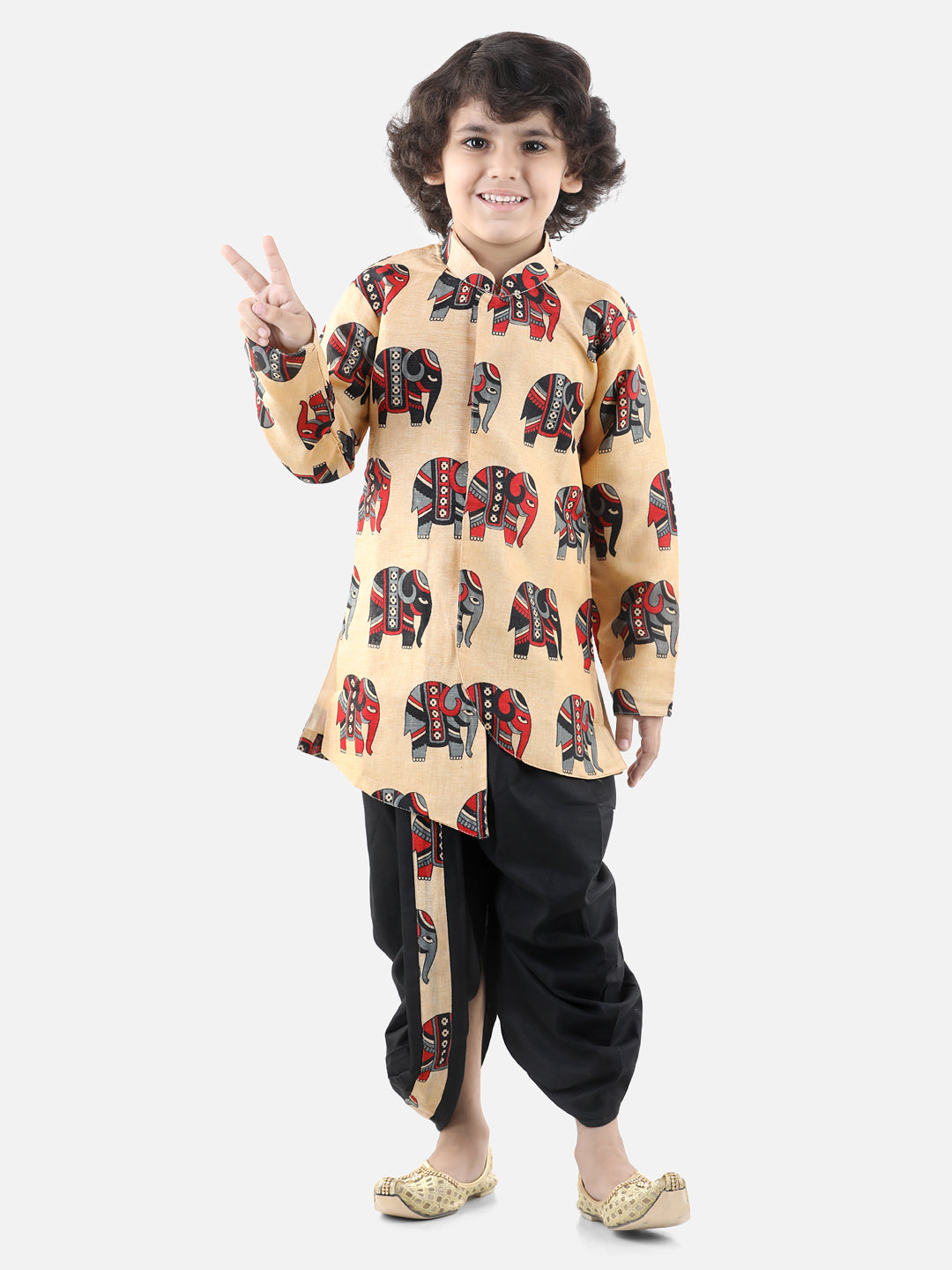 BownBee Boys Hathi Print Full Sleeve Sherwani Dhoti - Off White