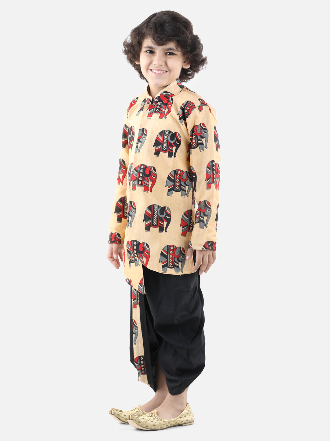 BownBee Boys Hathi Print Full Sleeve Sherwani Dhoti - Off White