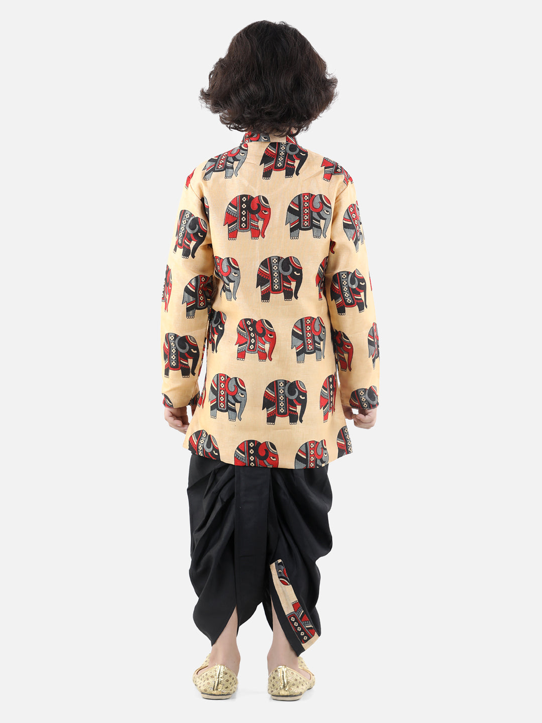 BownBee Boys Hathi Print Full Sleeve Sherwani Dhoti - Off White