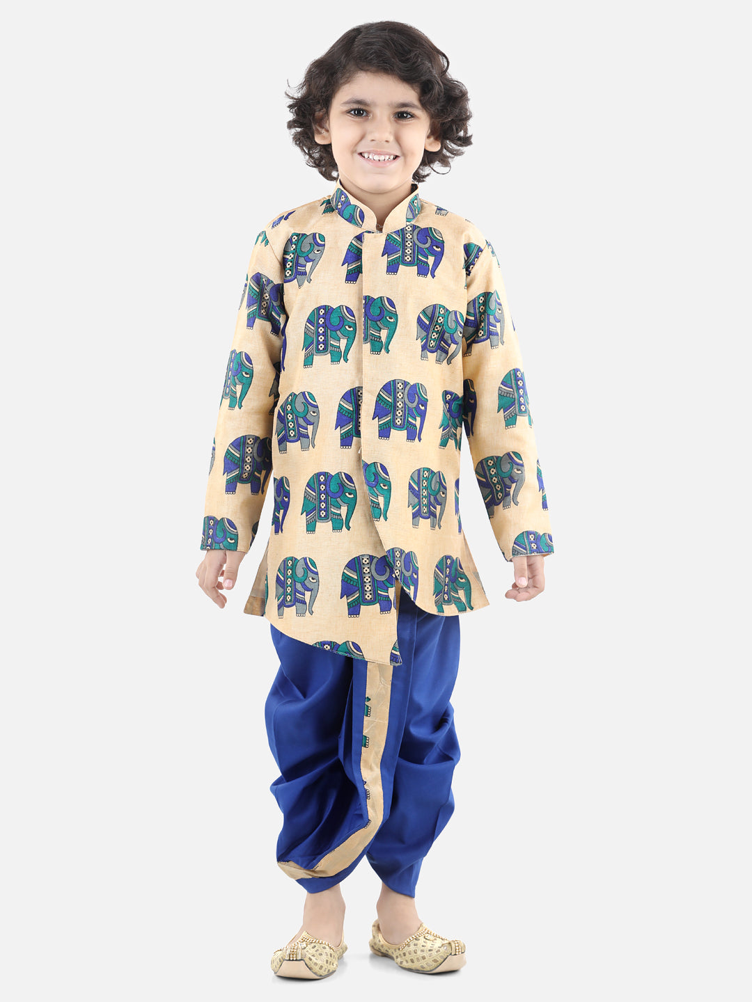 BownBee Boys Hathi Print Full Sleeve Sherwani Dhoti - Blue