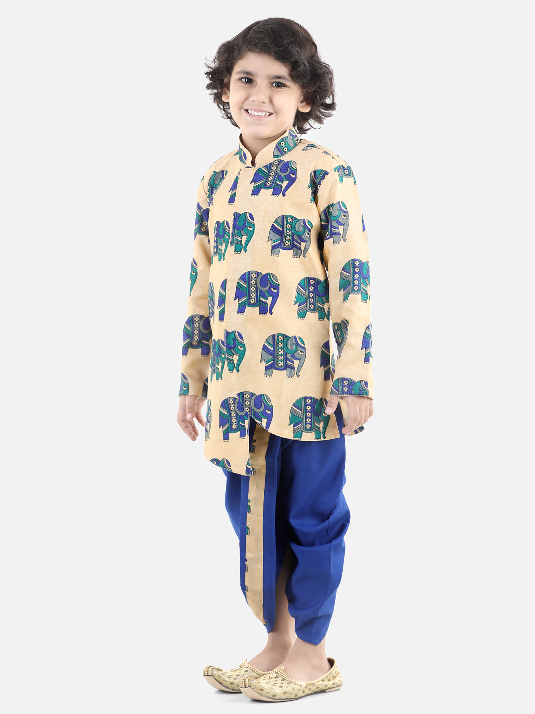 BownBee Boys Hathi Print Full Sleeve Sherwani Dhoti - Blue