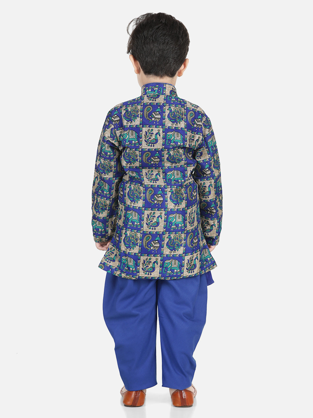 BownBee Boys Mor Print Full Sleeve Sherwani Payjama - Blue