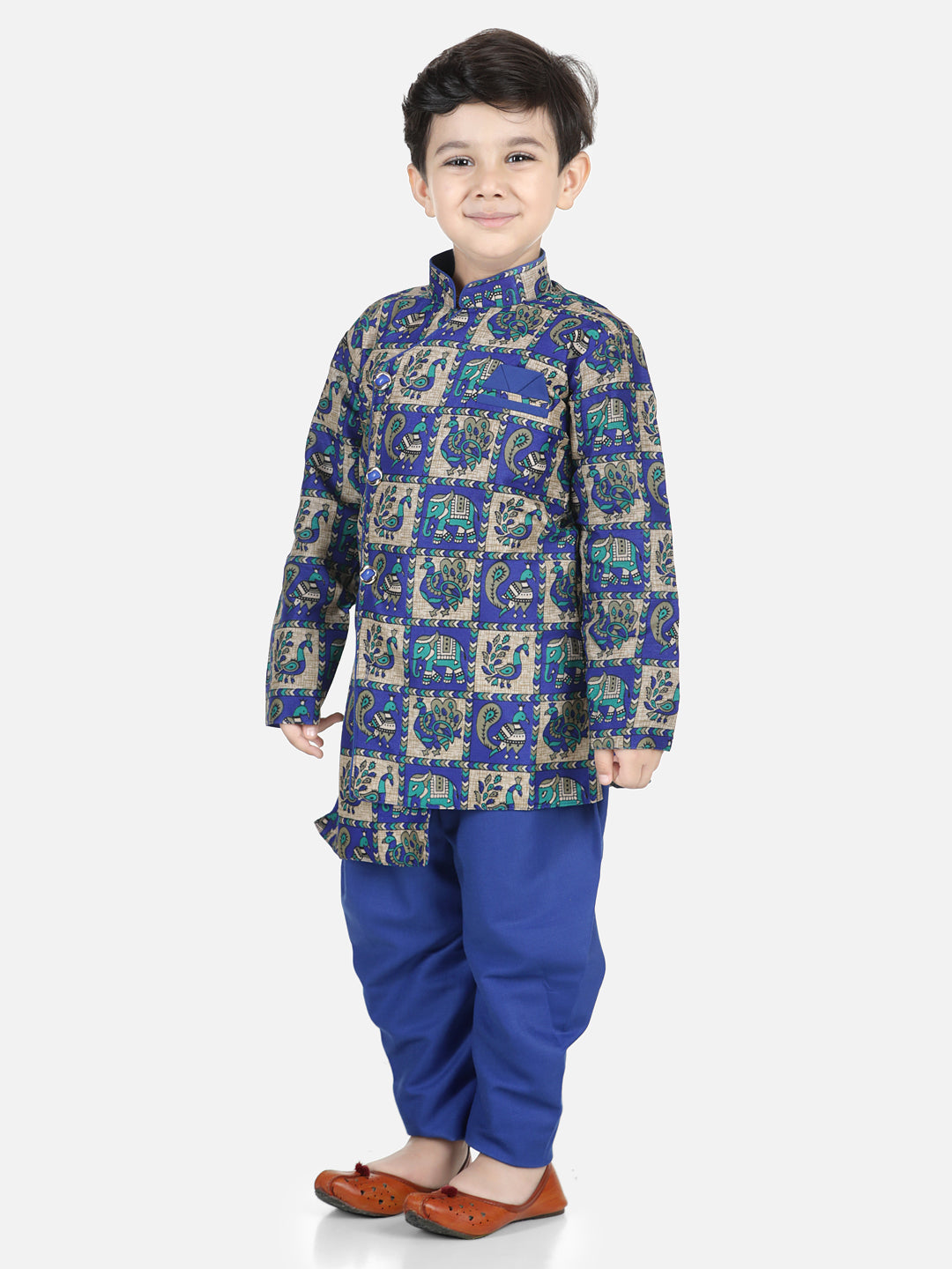BownBee Boys Mor Print Full Sleeve Sherwani Payjama - Blue