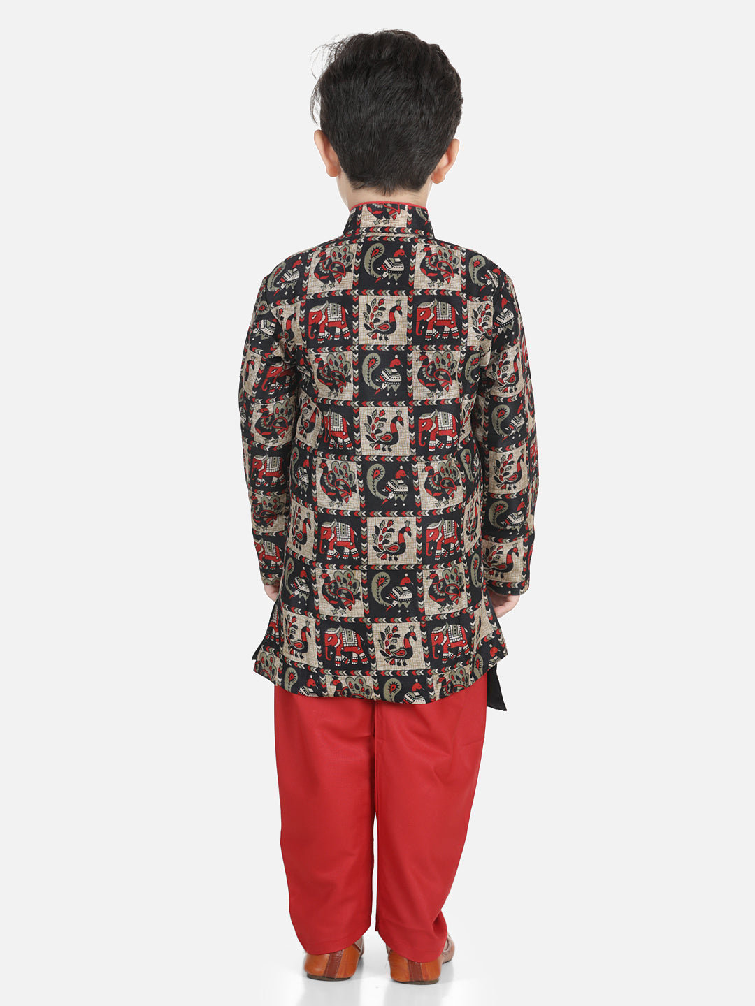 BownBee Boys Mor Print Full Sleeve Sherwani Payjama - Maroon