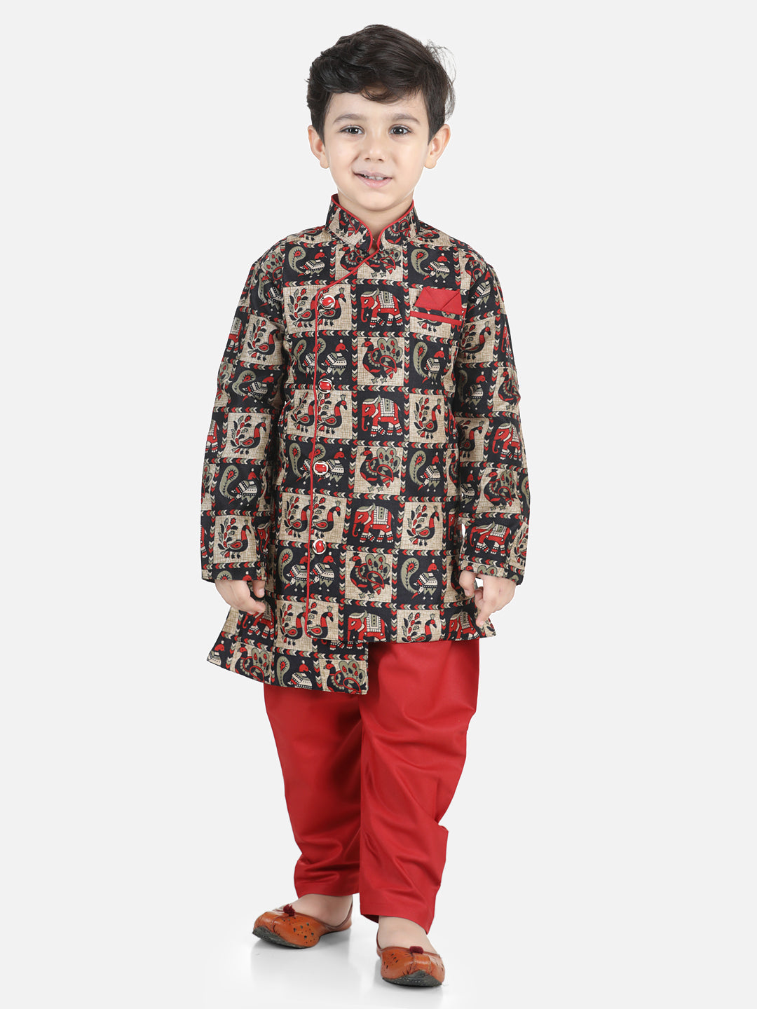 BownBee Boys Mor Print Full Sleeve Sherwani Payjama - Maroon