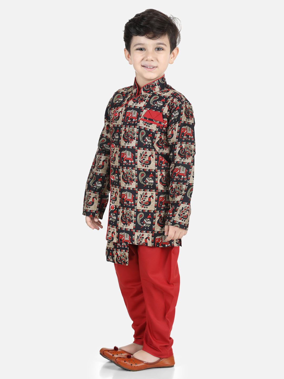 BownBee Boys Mor Print Full Sleeve Sherwani Payjama - Maroon