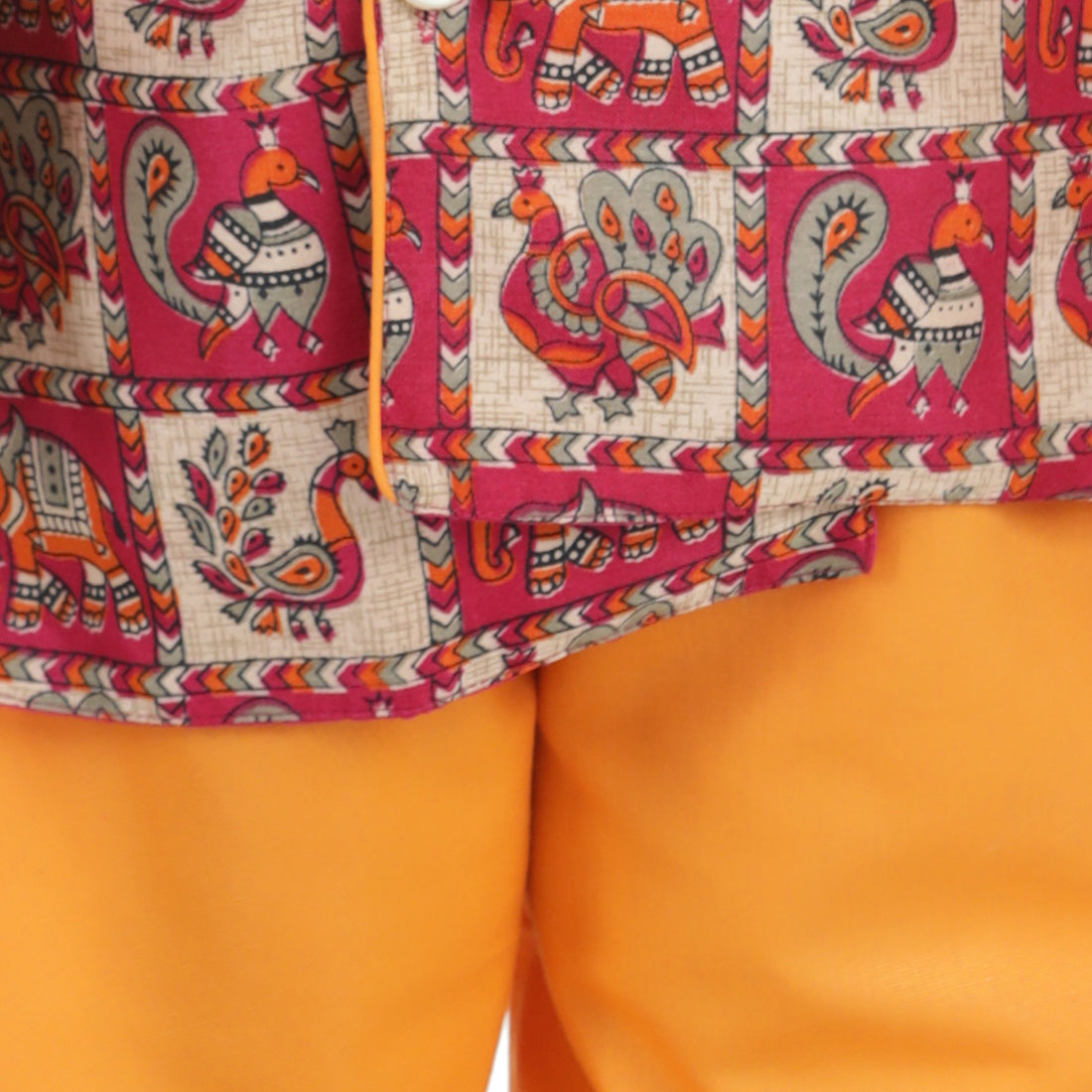 BownBee Boys Mor Print Full Sleeve Sherwani Payjama - Orange