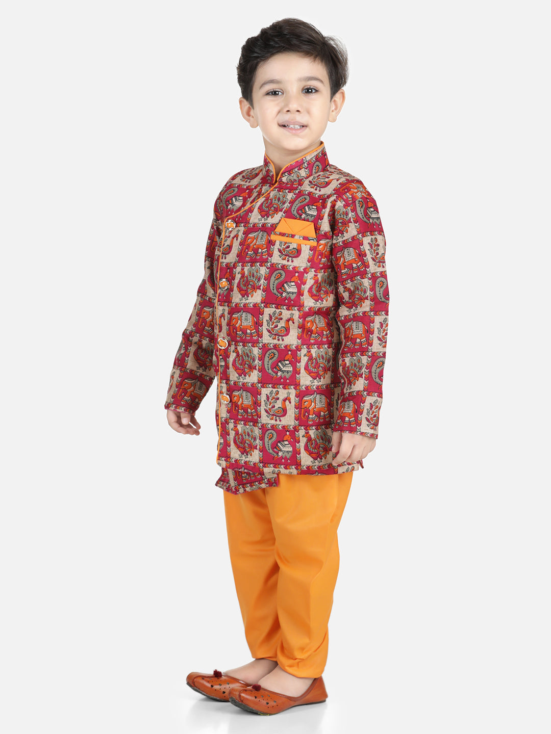 BownBee Boys Mor Print Full Sleeve Sherwani Payjama - Orange