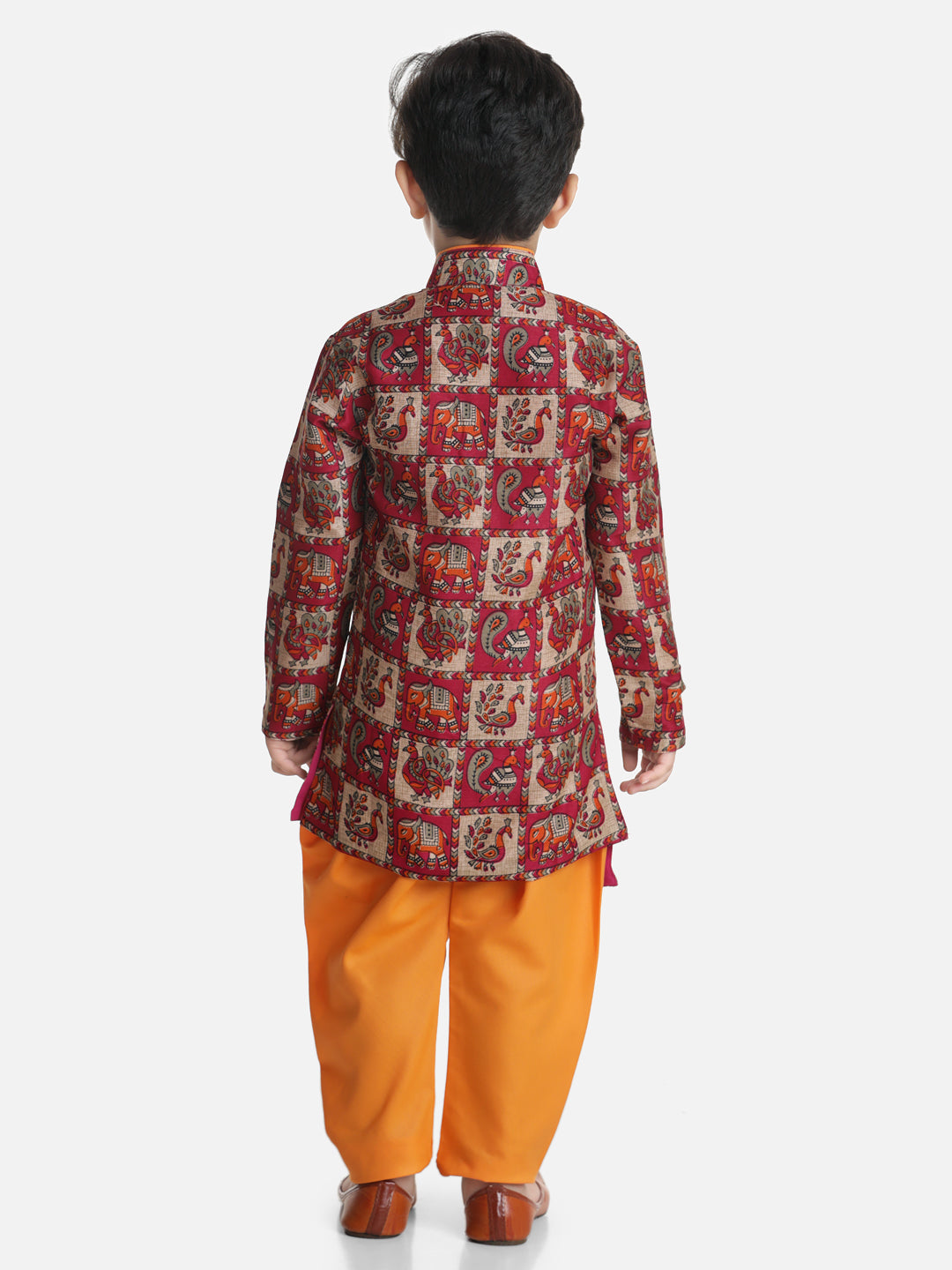 BownBee Boys Mor Print Full Sleeve Sherwani Payjama - Orange