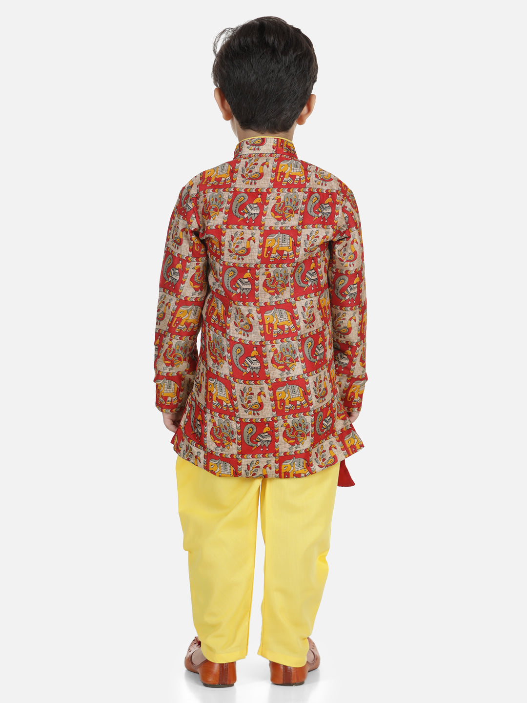 BownBee Boys Mor Print Full Sleeve Sherwani Payjama - Yellow