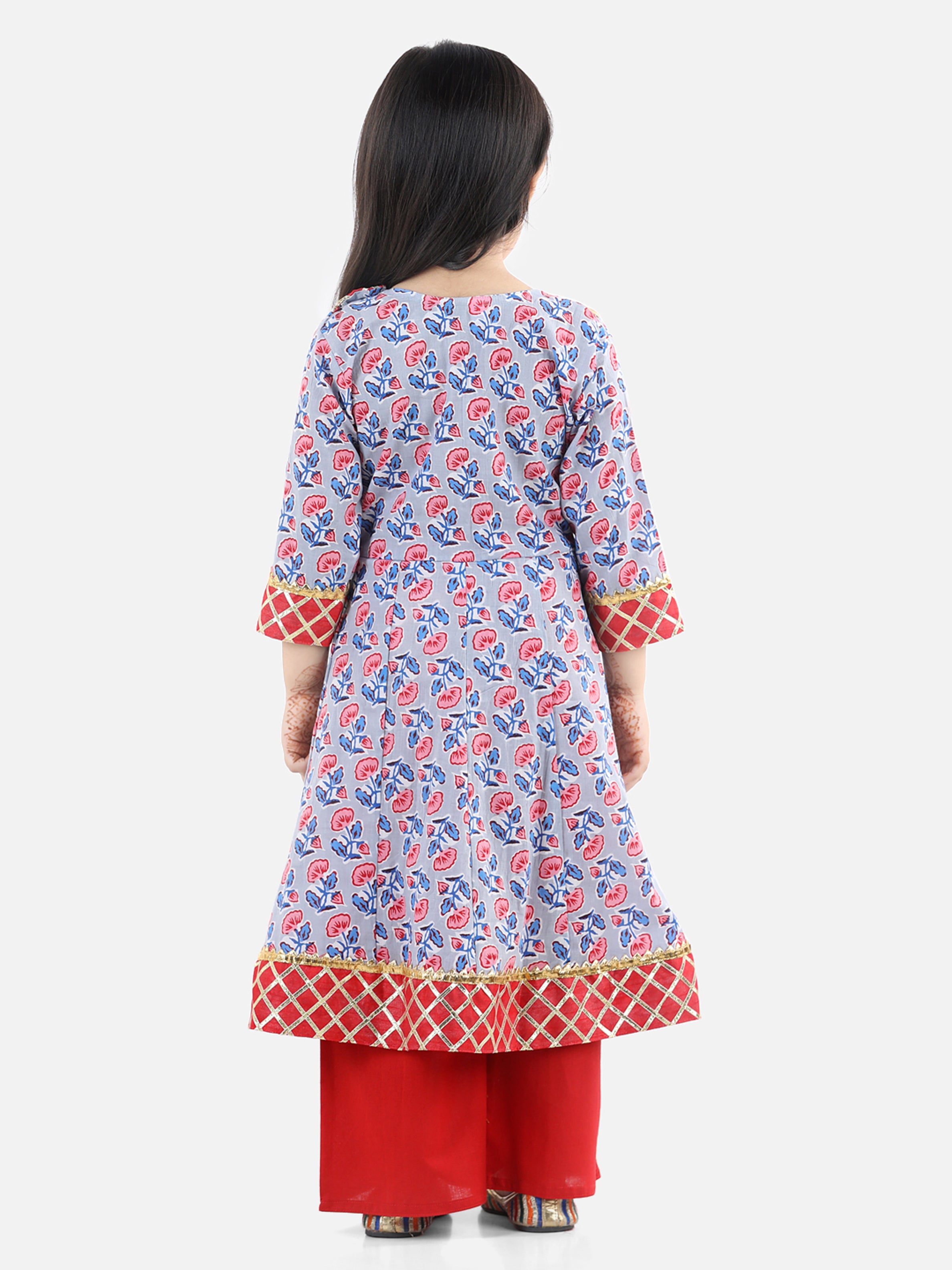 BownBee Three Fourth Sleeves Floral Block Print Anarkali Kurta With Palazzo - Grey