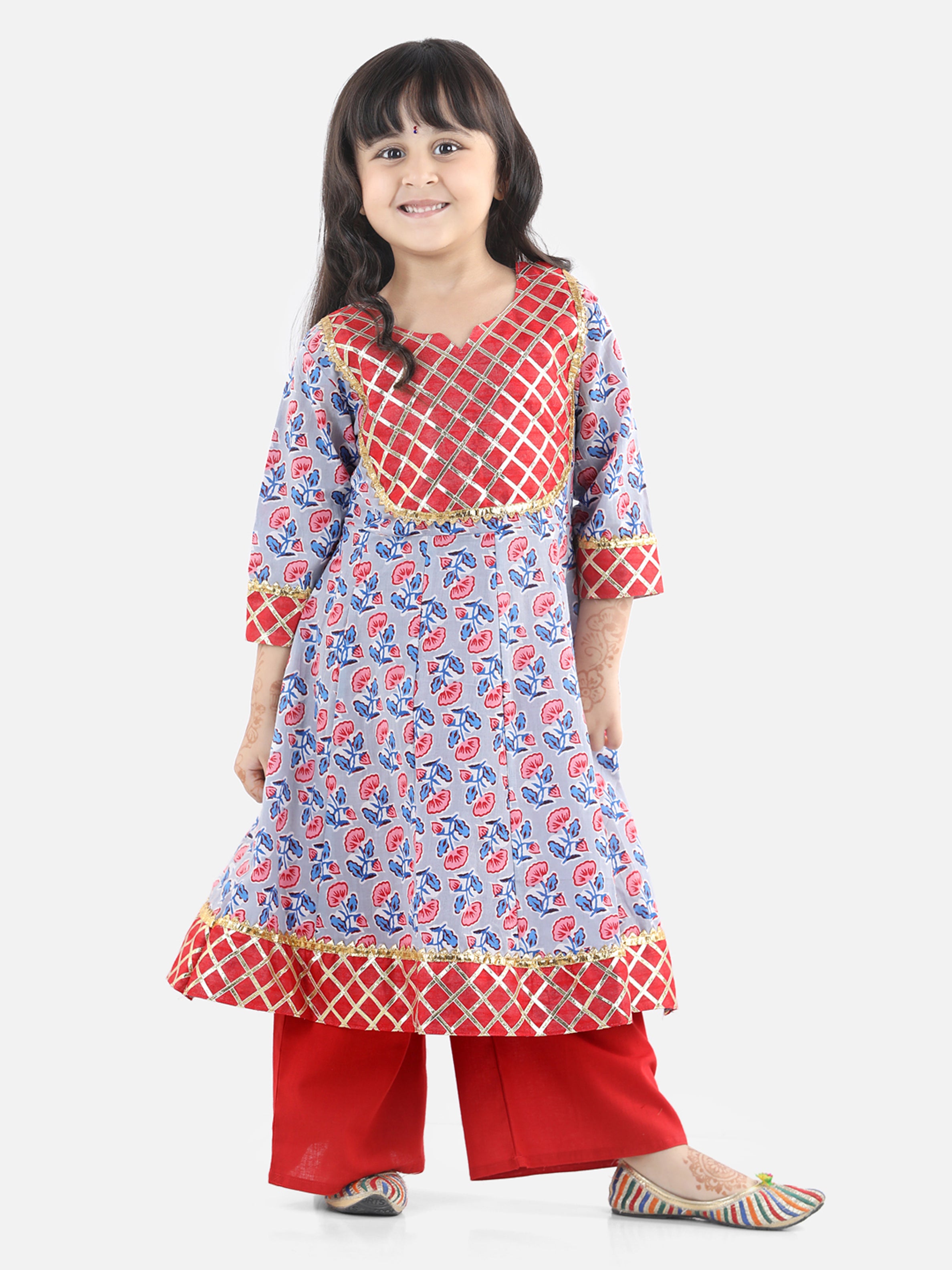 BownBee Three Fourth Sleeves Floral Block Print Anarkali Kurta With Palazzo - Grey