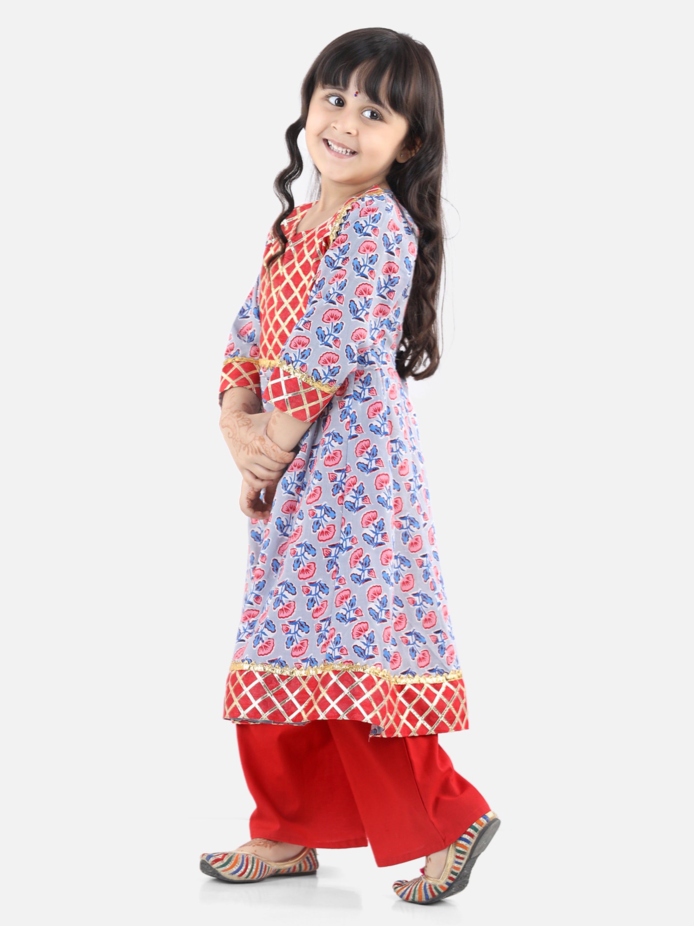 BownBee Three Fourth Sleeves Floral Block Print Anarkali Kurta With Palazzo - Grey