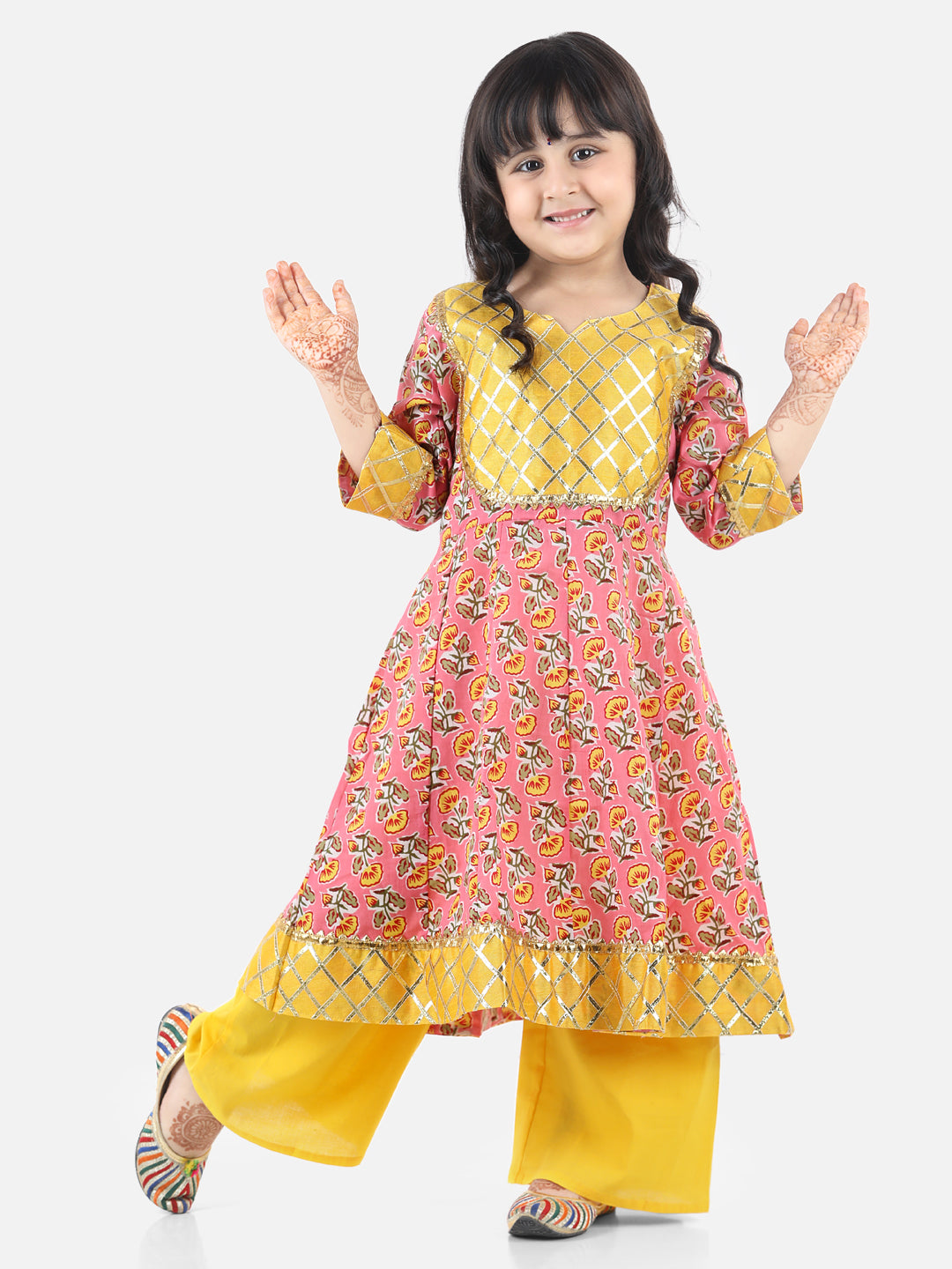 BownBee Three Fourth Sleeves Floral Block Print Anarkali Kurta With Palazzo- Super Sale