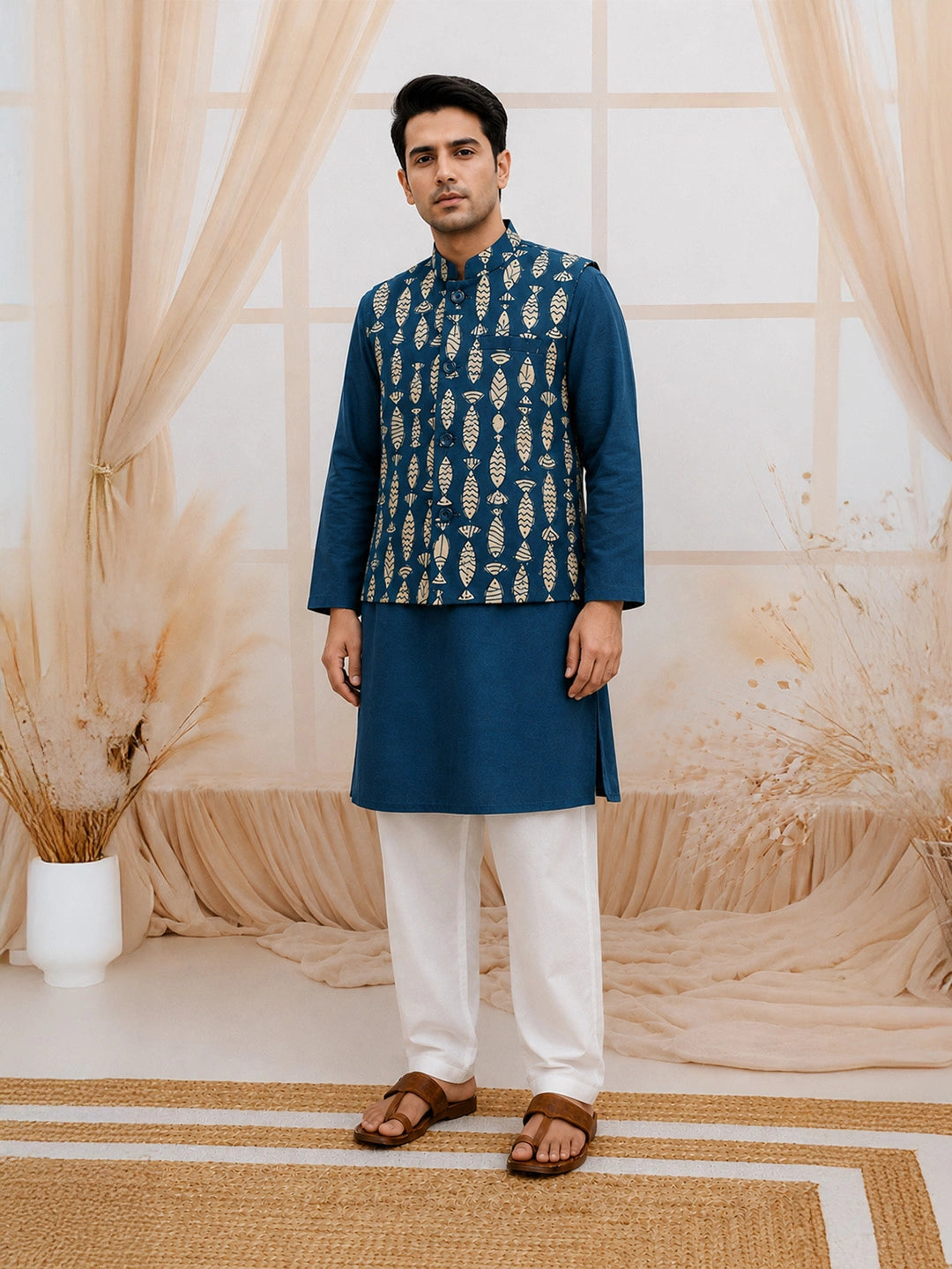 BownBee Teal Blue Fish Motif Print Pure Cotton Matching Ethnic Couple Combo Set