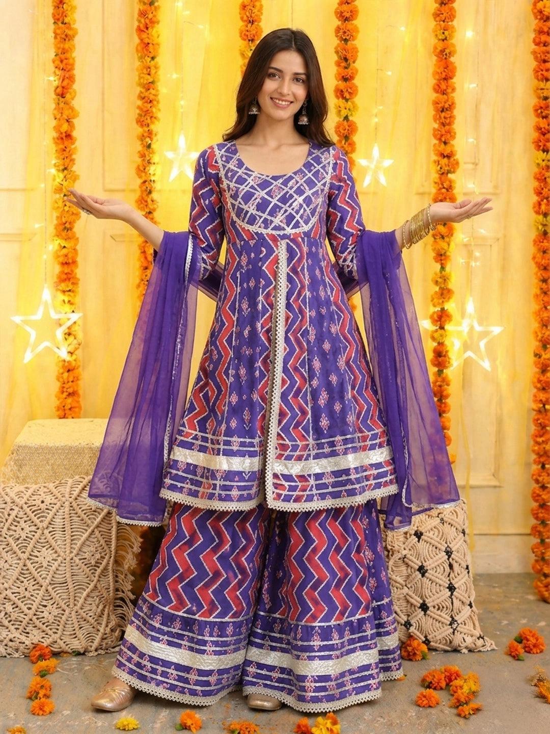 BownBee Pure Cotton Printed Kurta Sharara with Dupatta Set for Women