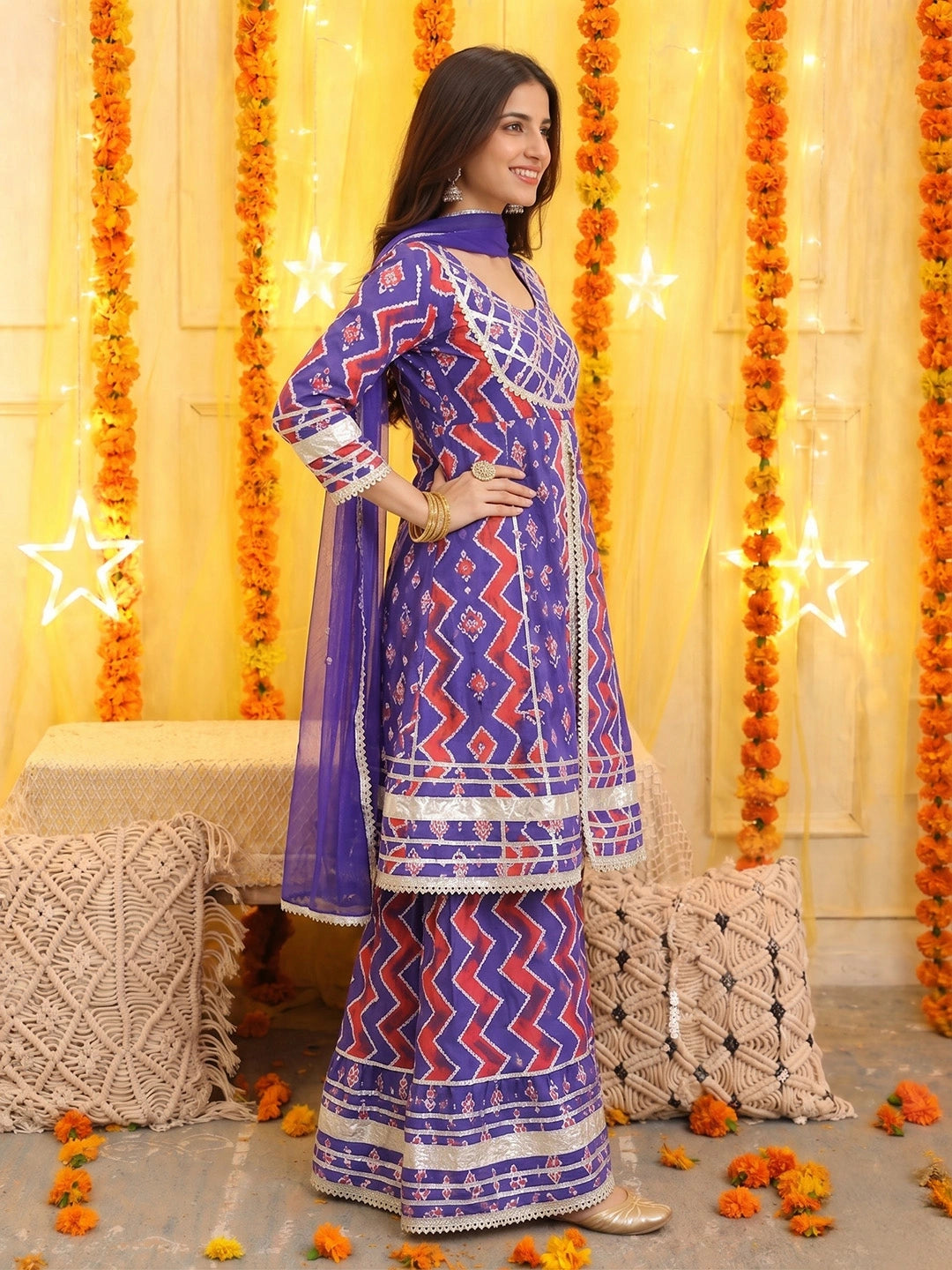 BownBee Pure Cotton Printed Kurta Sharara with Dupatta Set for Women
