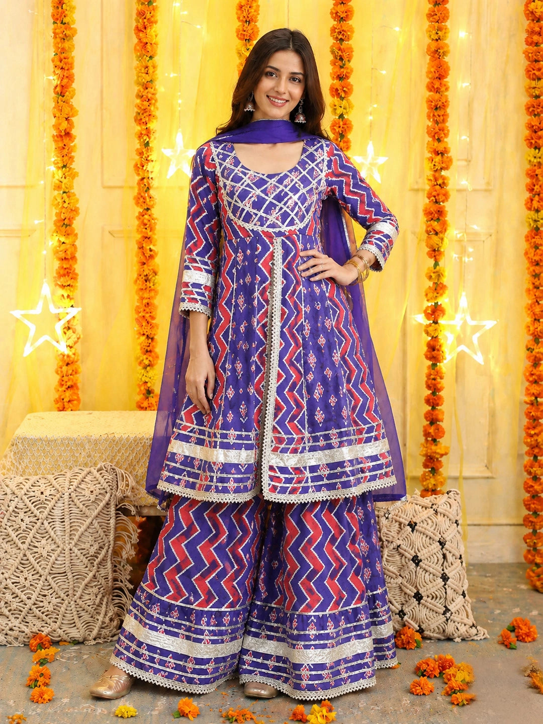 BownBee Pure Cotton Printed Kurta Sharara with Dupatta Set for Women