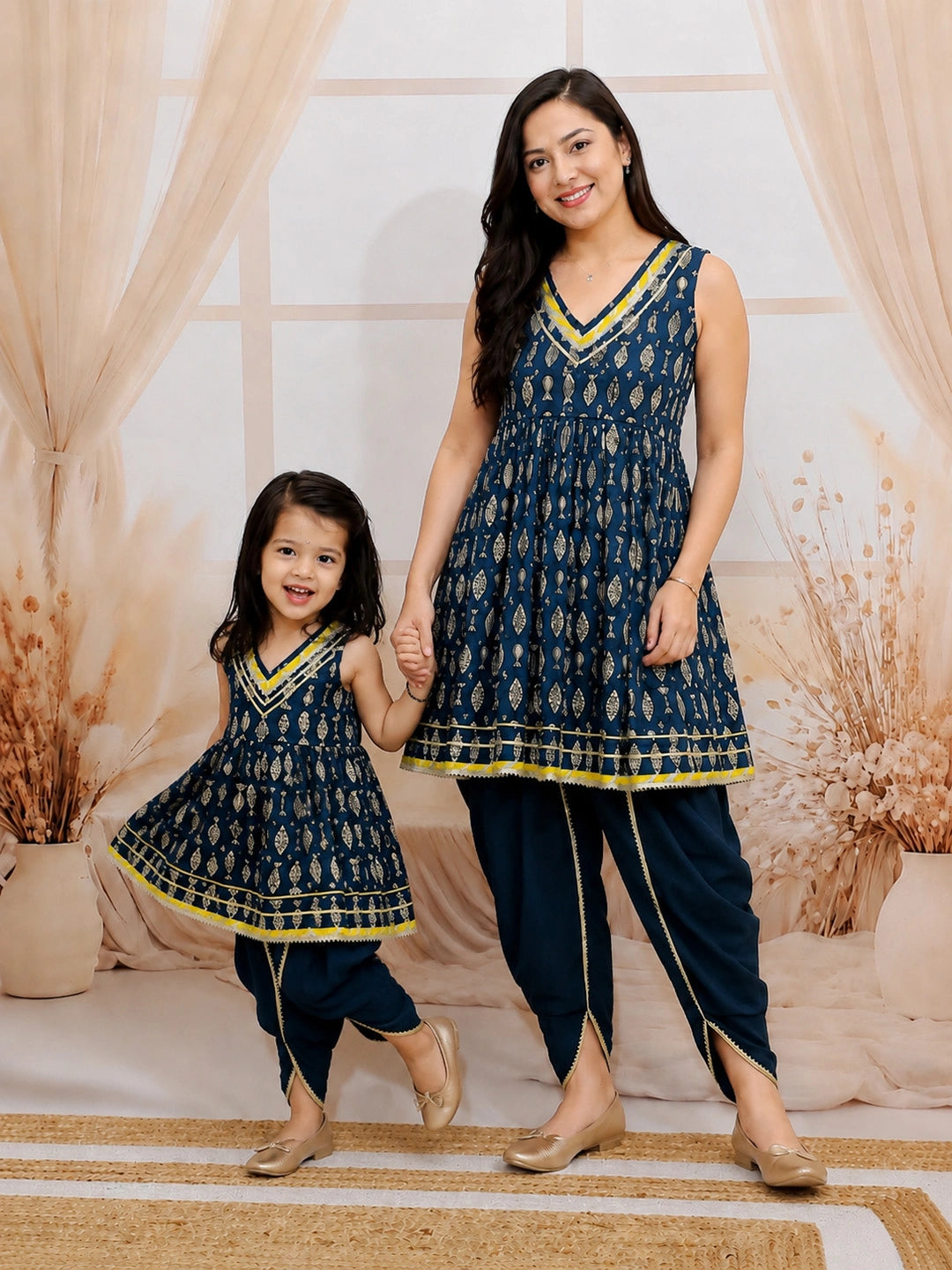 Mother Daughter Quirky Printed Ethnic Suit Combo