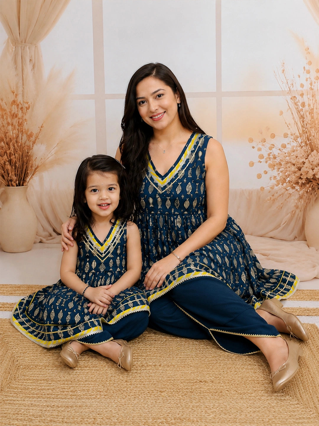 Mother Daughter Quirky Printed Ethnic Suit Combo