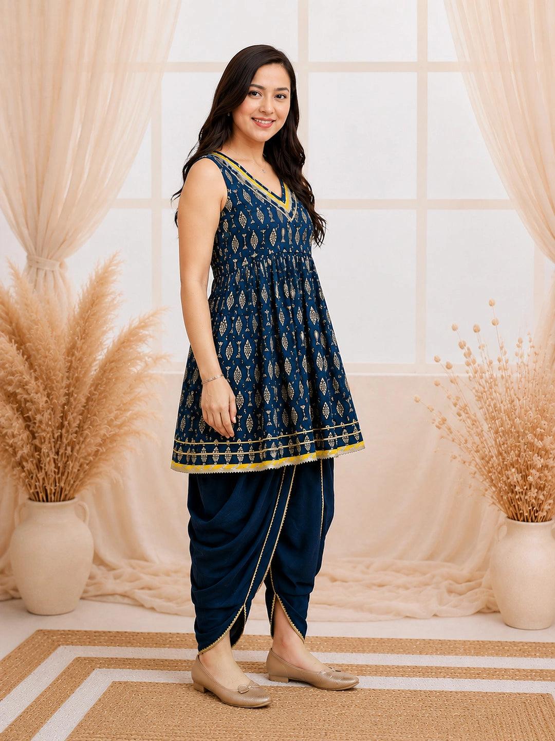BownBee Sleeveless Fish Printed Kurti With Tulip Set For Women