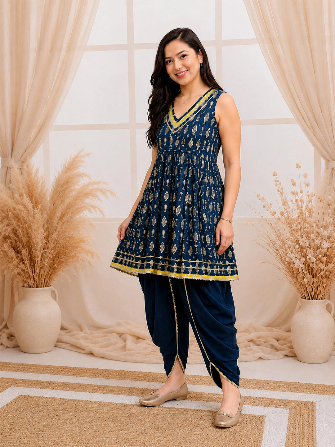 BownBee Sleeveless Fish Printed Kurti With Tulip Set For Women