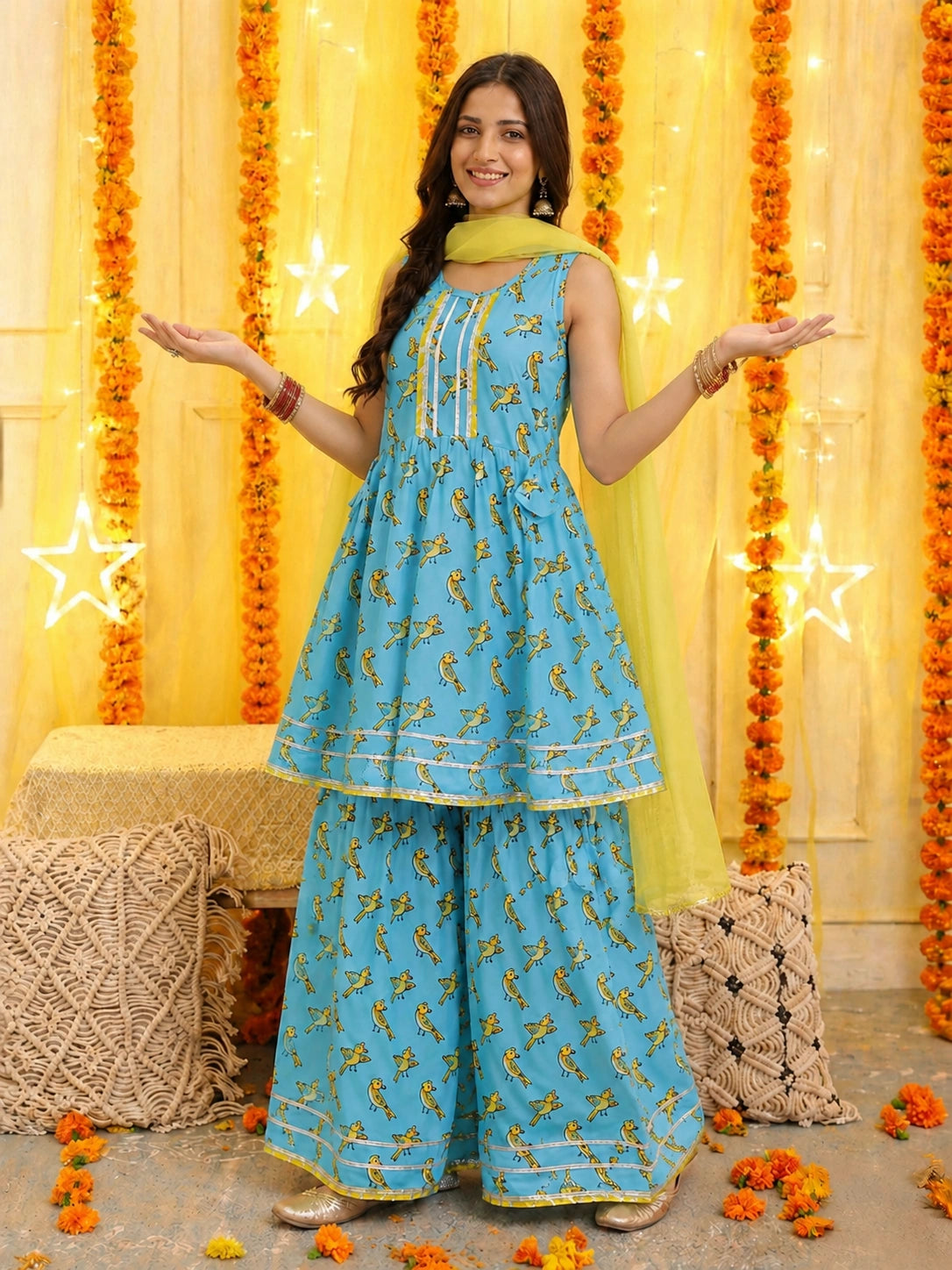 BownBee Pure Cotton Sleeveless Printed Kurti With Sharara & Dupatta Set For Women