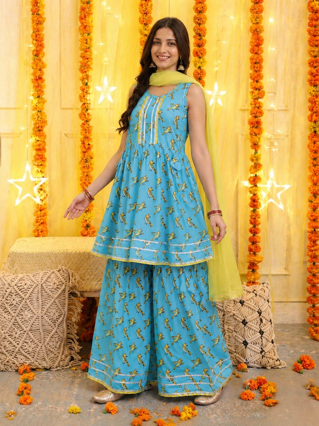 BownBee Pure Cotton Sleeveless Printed Kurti With Sharara & Dupatta Set For Women