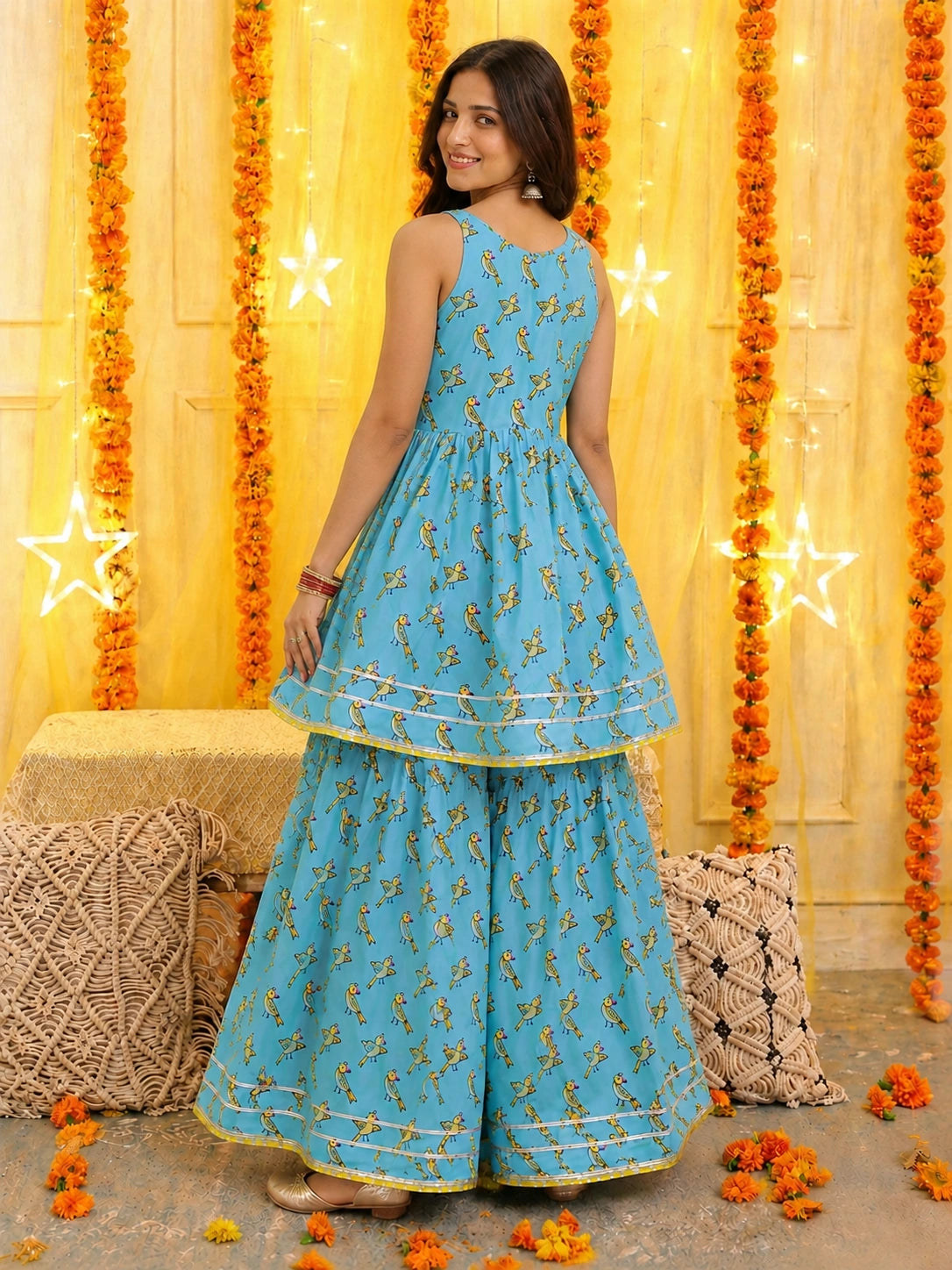 BownBee Pure Cotton Sleeveless Printed Kurti With Sharara & Dupatta Set For Women