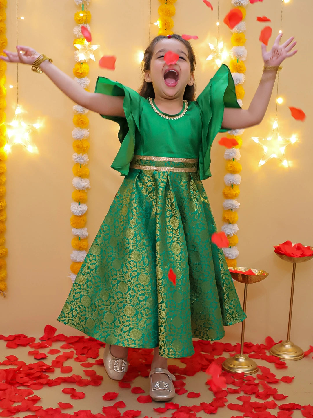 BownBee Half Sleeve Rosebud Twirl Gown For Girls