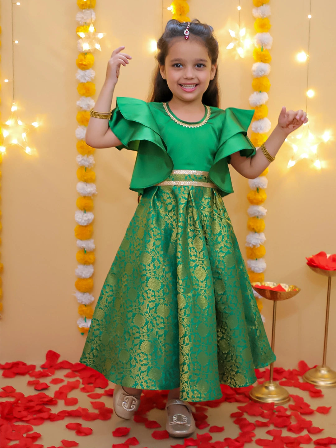 BownBee Half Sleeve Rosebud Twirl Gown For Girls