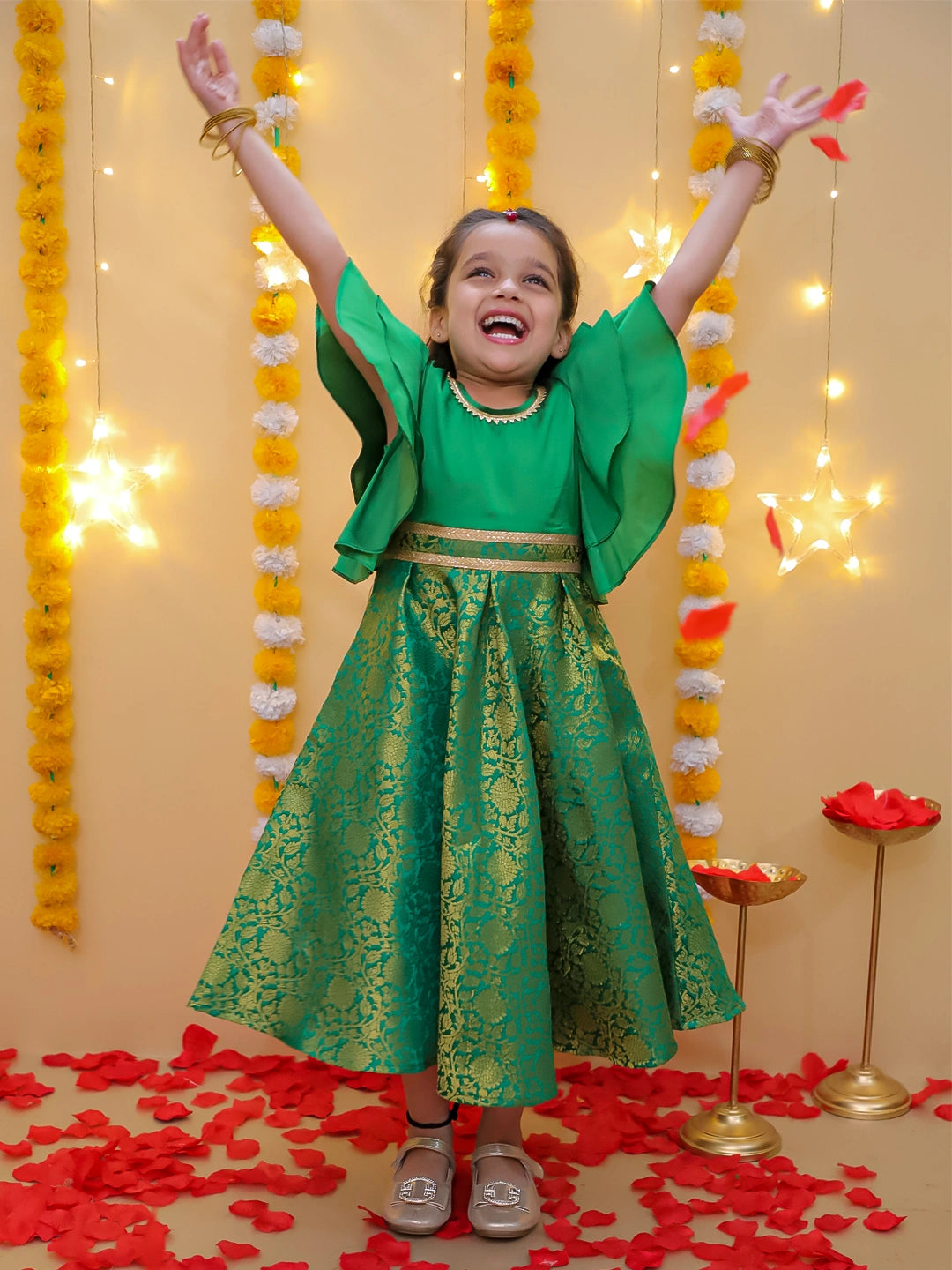 BownBee Half Sleeve Rosebud Twirl Gown For Girls