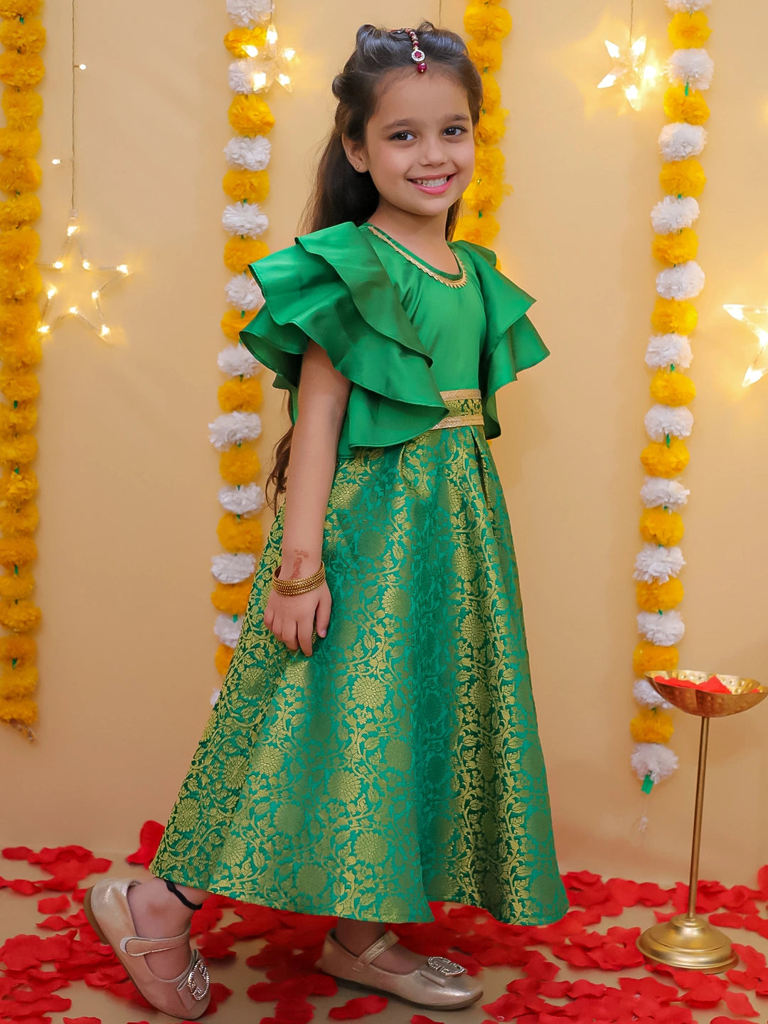 BownBee Half Sleeve Rosebud Twirl Gown For Girls